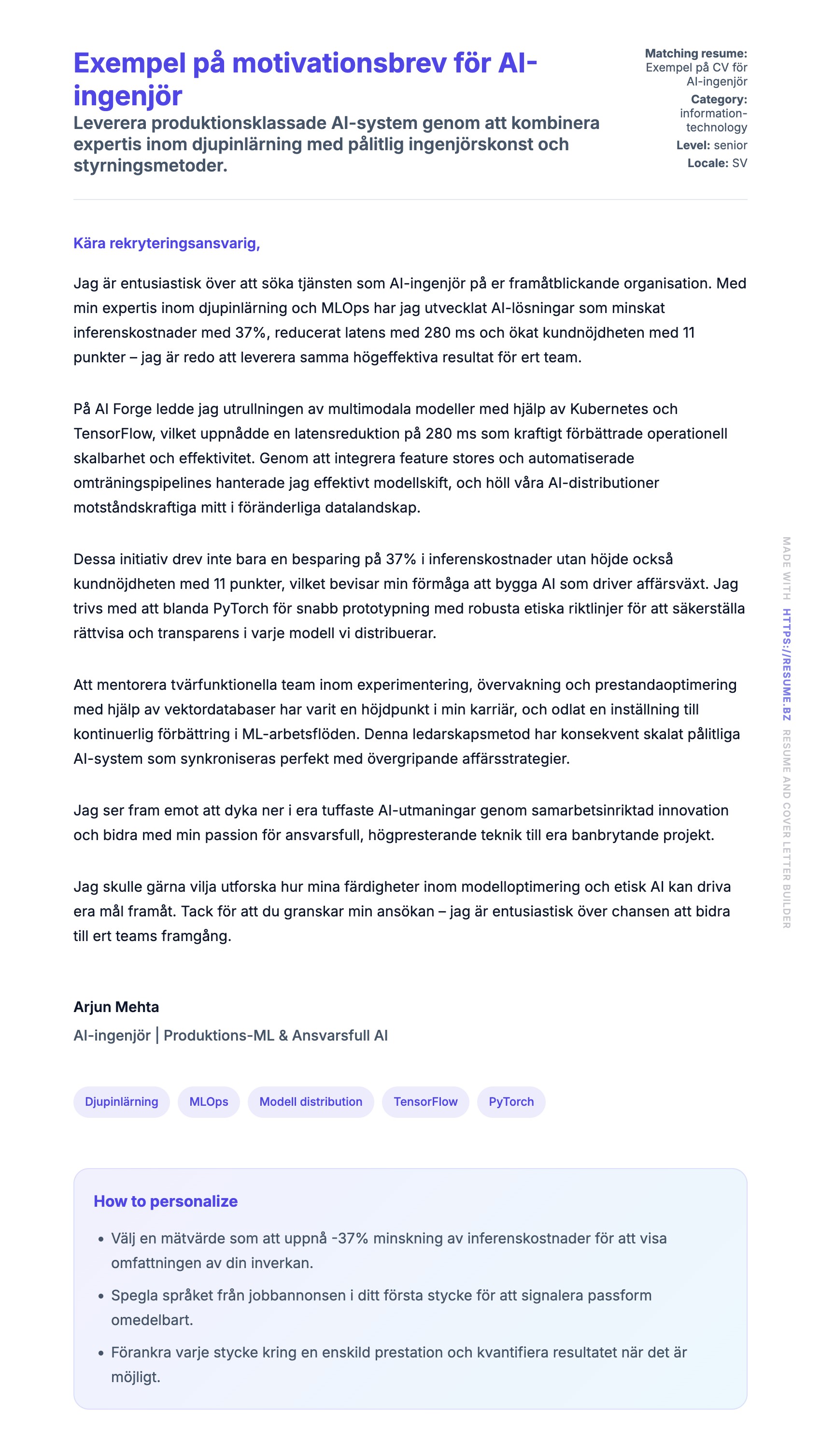 Förhandsgranskning av motivationsbrev för Exempel på motivationsbrev för AI-ingenjör