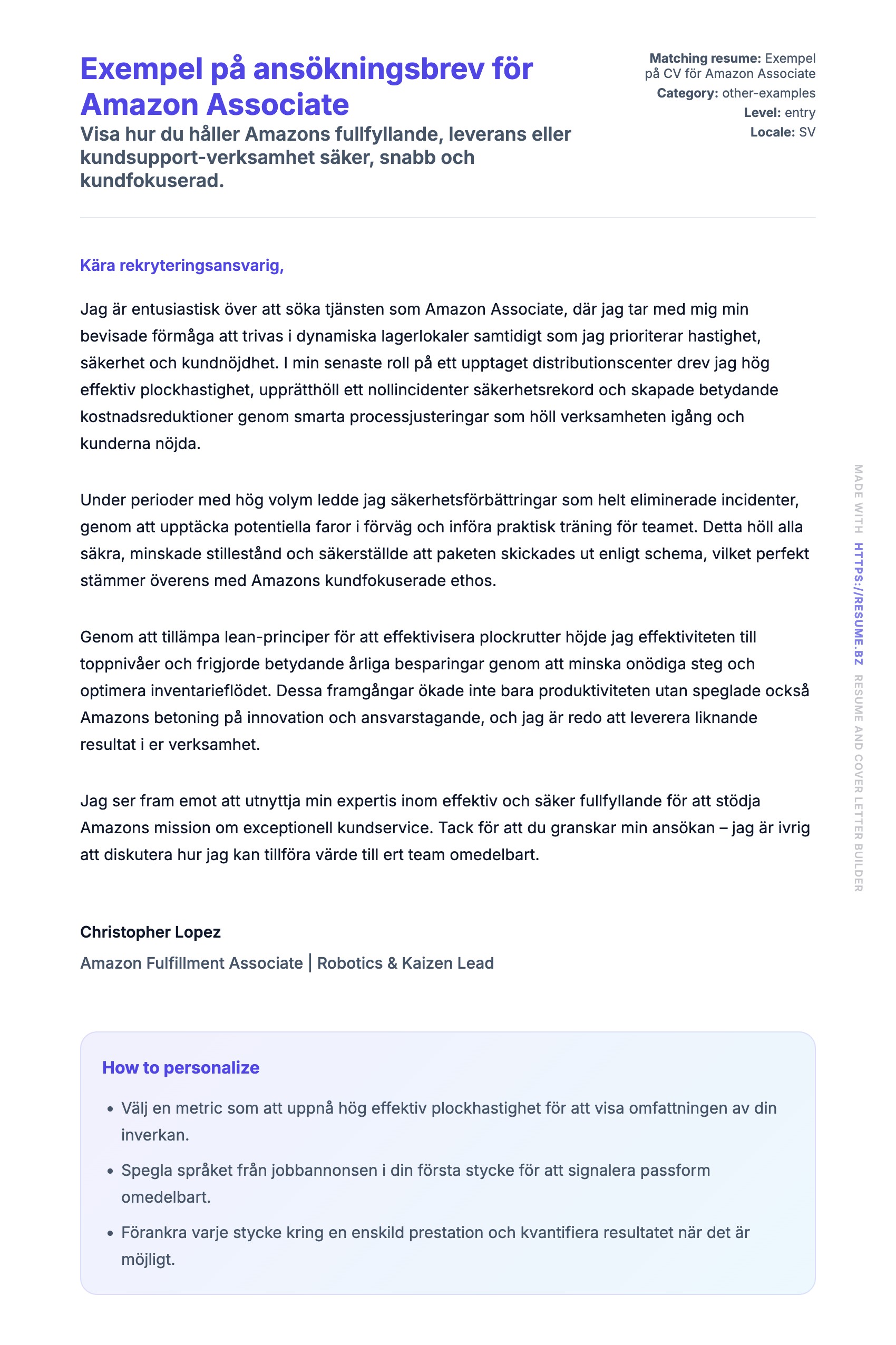 Förhandsgranskning av motivationsbrev för Exempel på ansökningsbrev för Amazon Associate