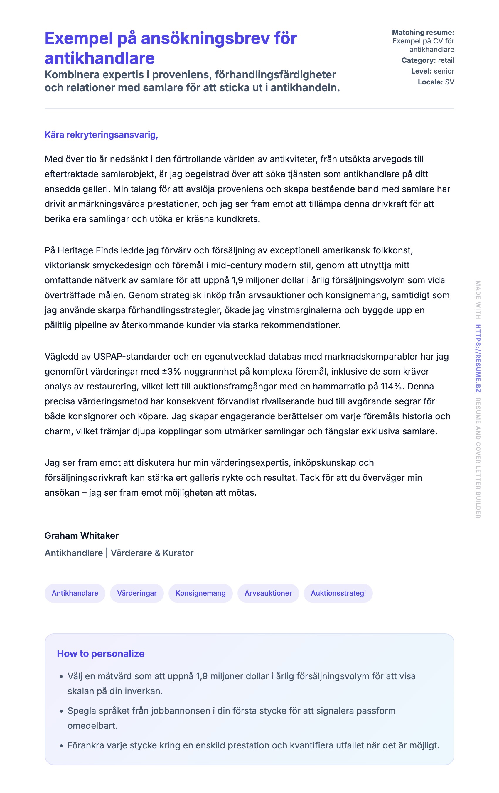 Förhandsgranskning av motivationsbrev för Exempel på ansökningsbrev för antikhandlare