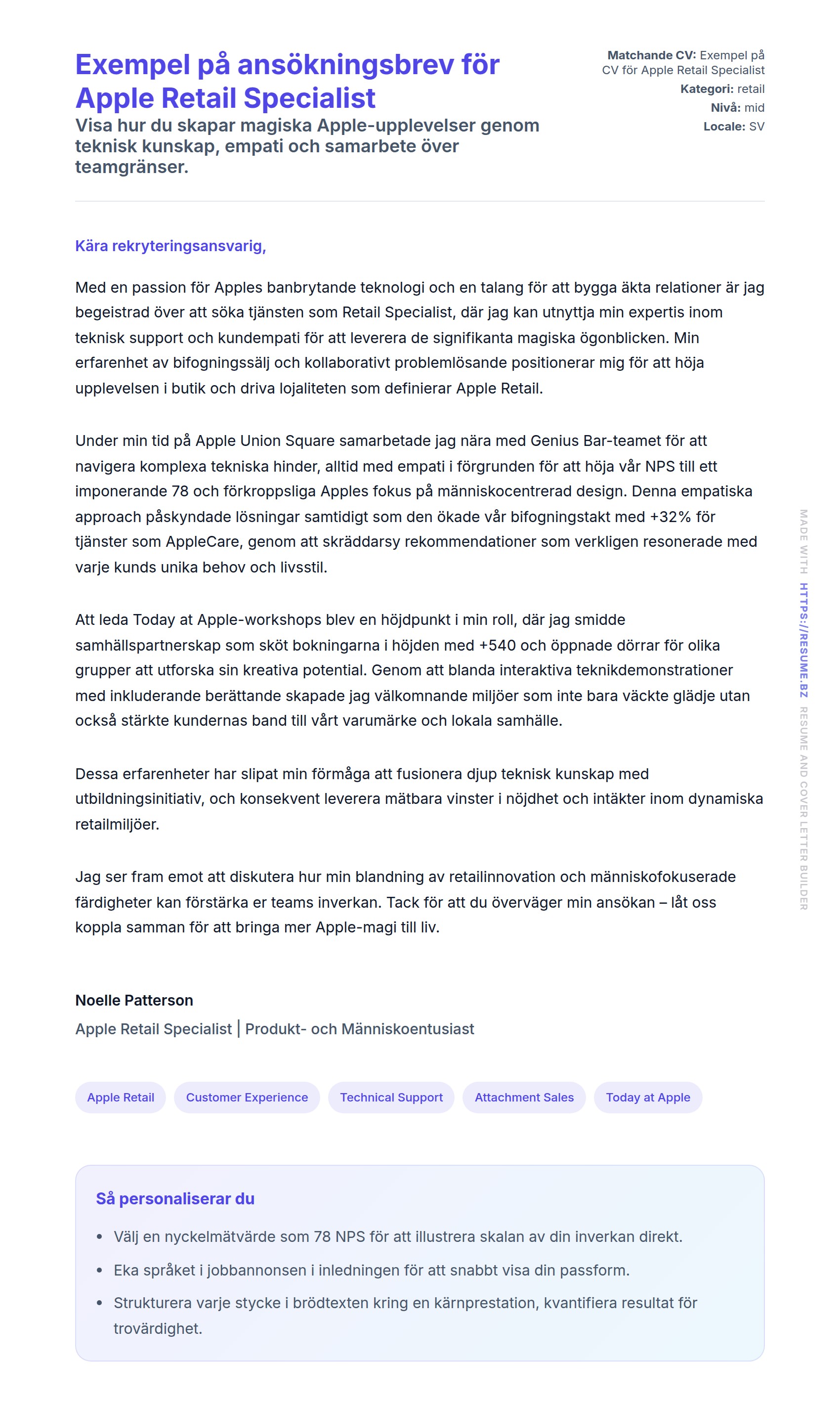 Förhandsgranskning av motivationsbrev för Exempel på ansökningsbrev för Apple Retail Specialist