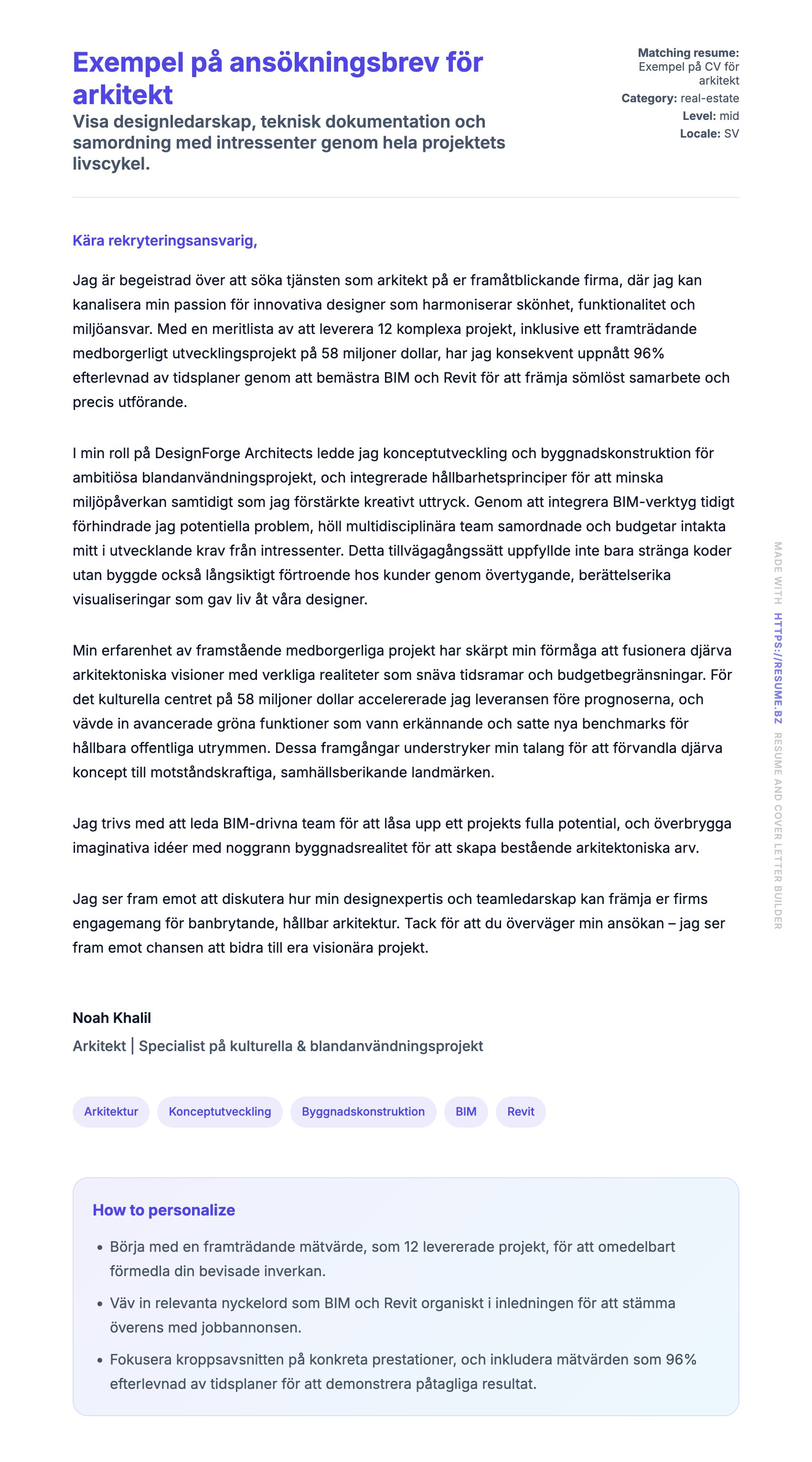 Förhandsgranskning av motivationsbrev för Exempel på ansökningsbrev för arkitekt
