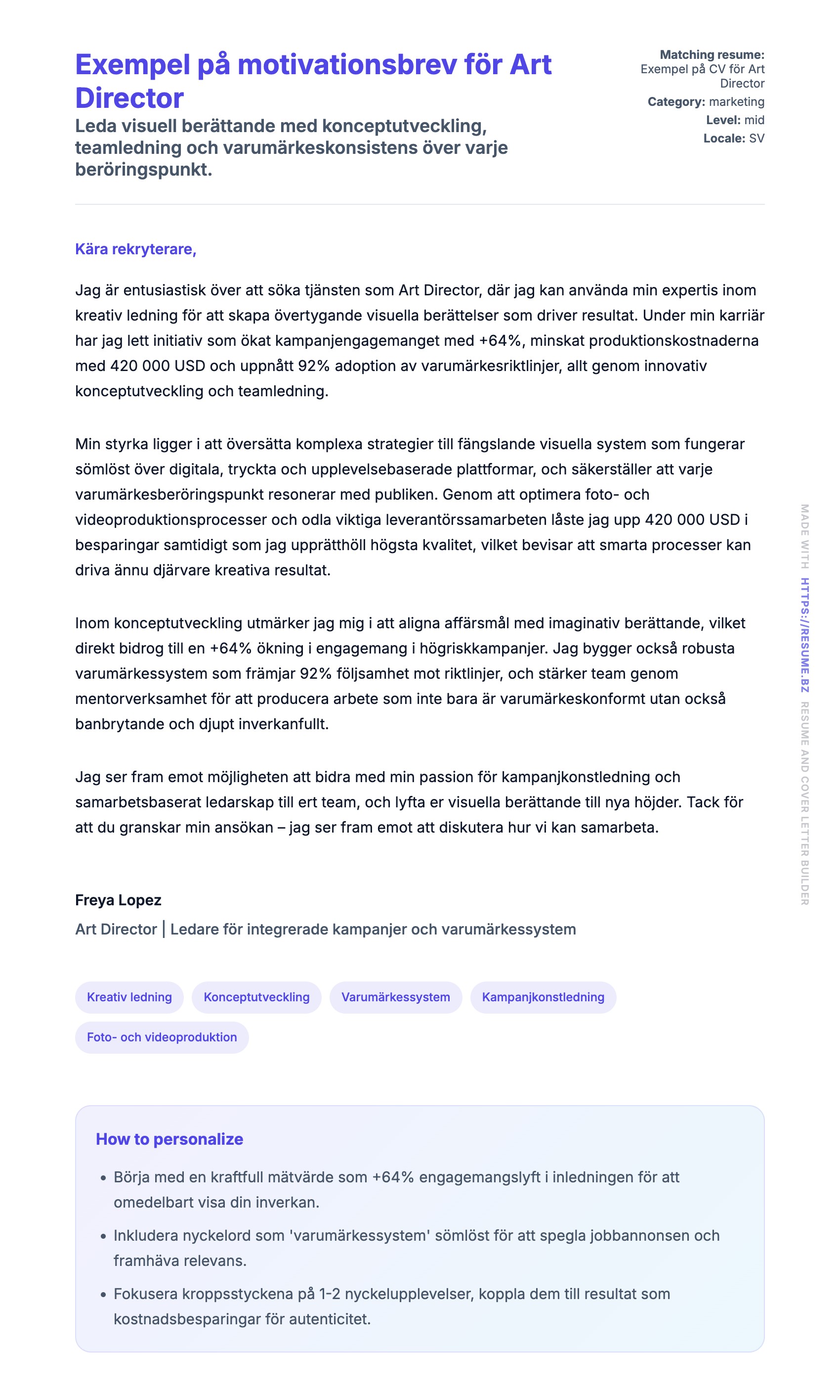Förhandsgranskning av motivationsbrev för Exempel på motivationsbrev för Art Director