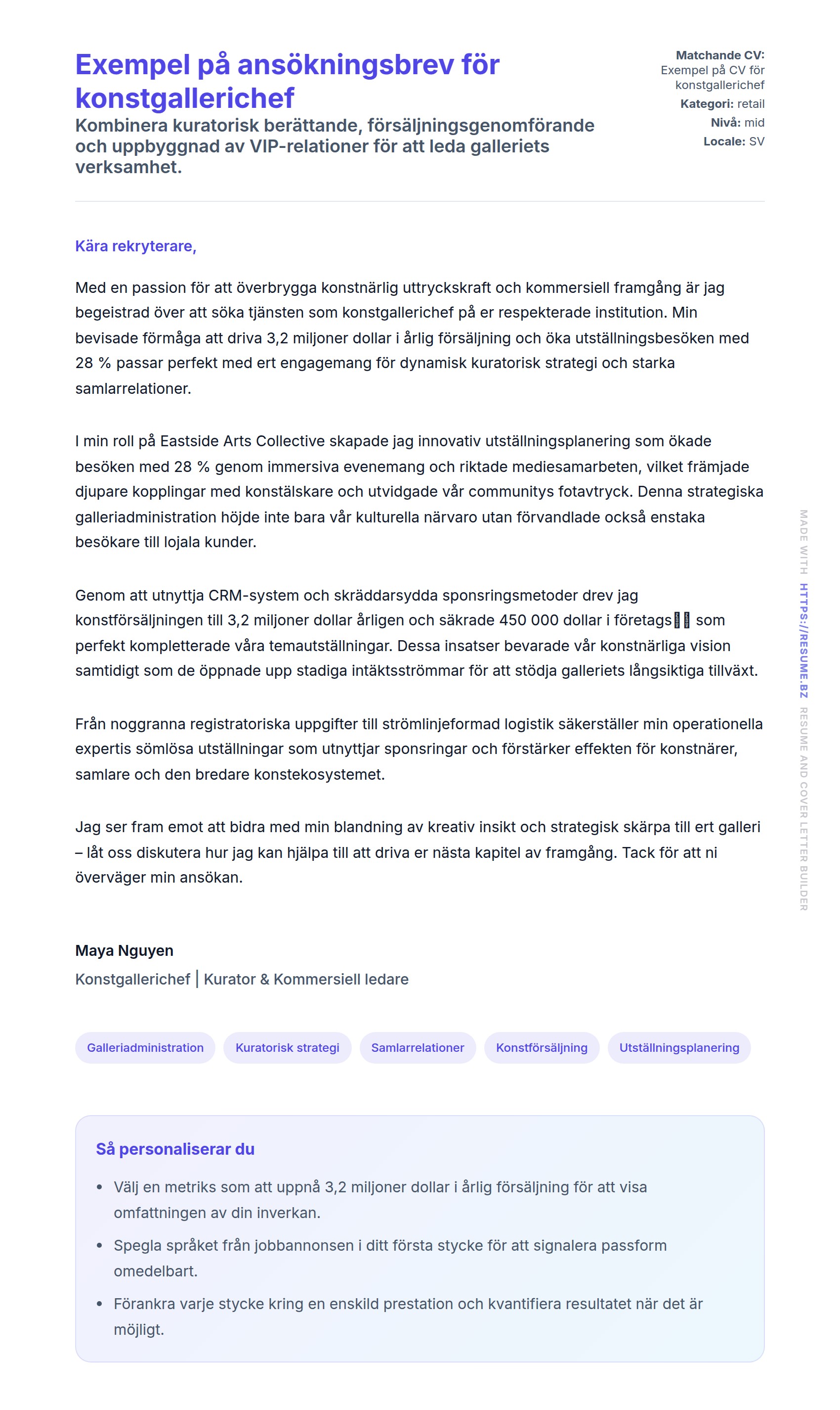 Förhandsgranskning av motivationsbrev för Exempel på ansökningsbrev för konstgallerichef