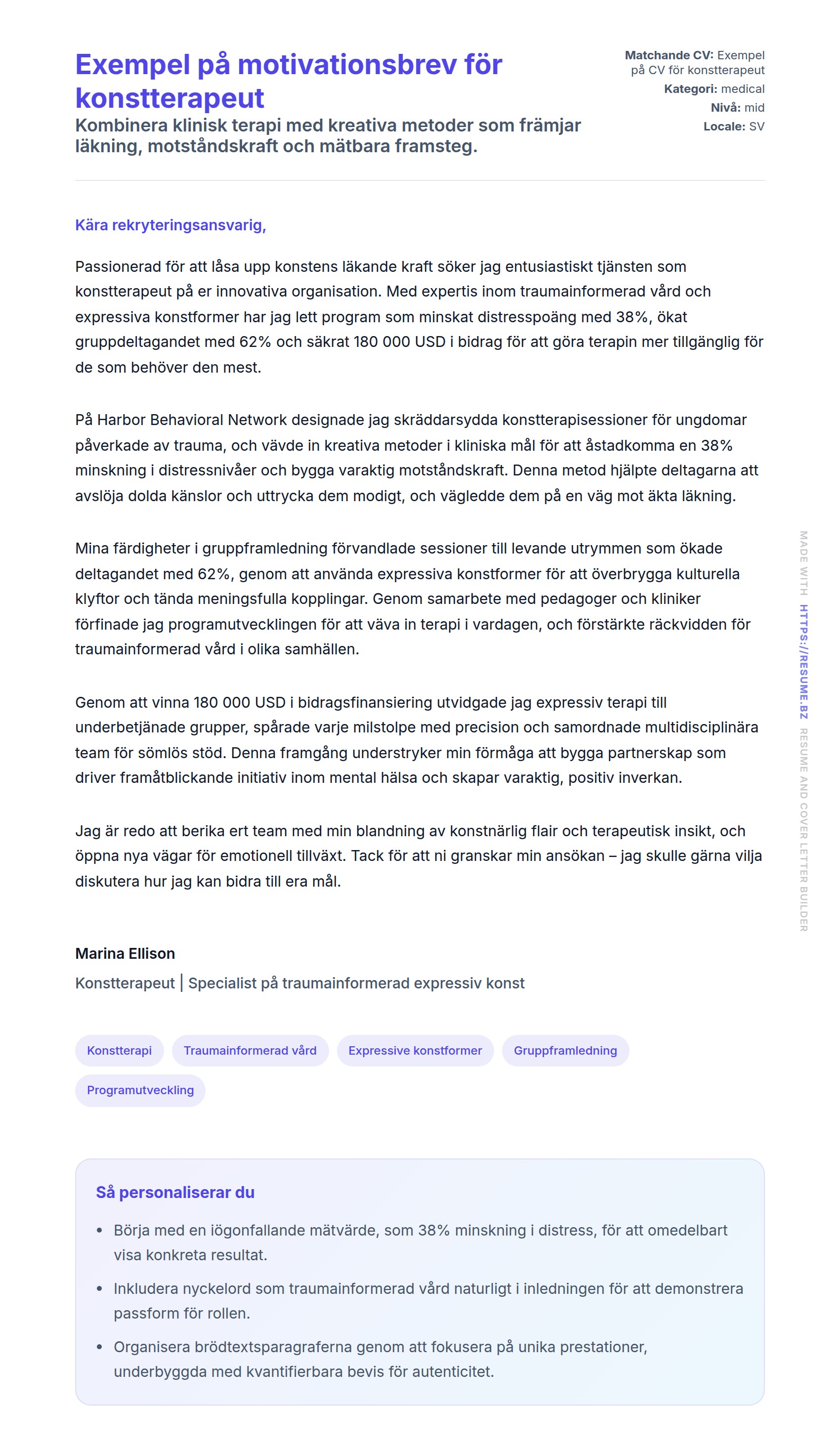 Förhandsgranskning av motivationsbrev för Exempel på motivationsbrev för konstterapeut