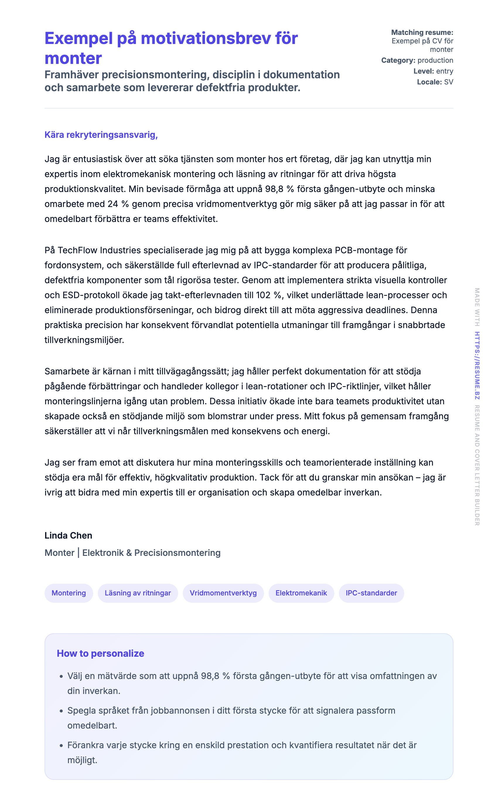 Förhandsgranskning av motivationsbrev för Exempel på motivationsbrev för monter