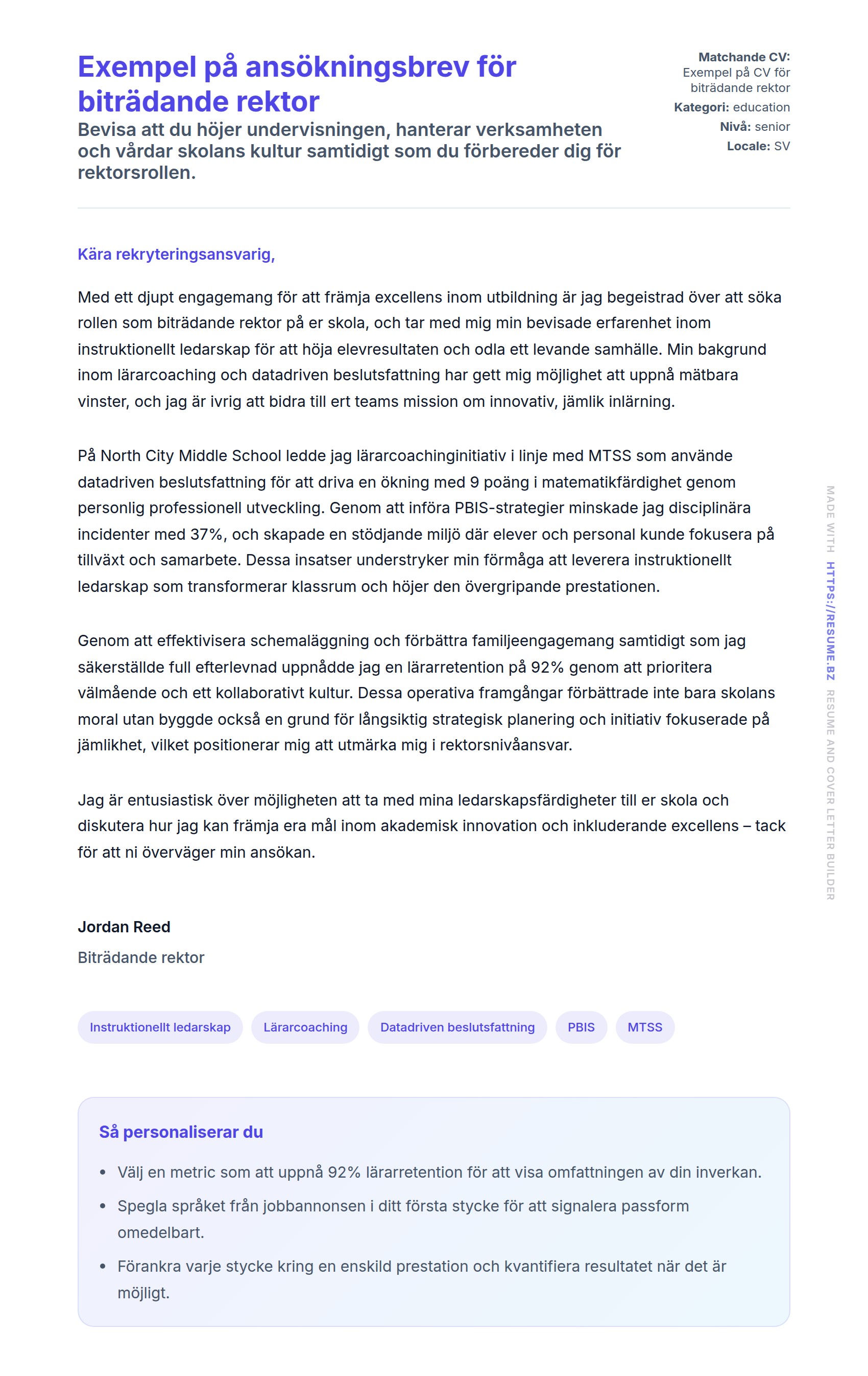 Förhandsgranskning av motivationsbrev för Exempel på ansökningsbrev för biträdande rektor