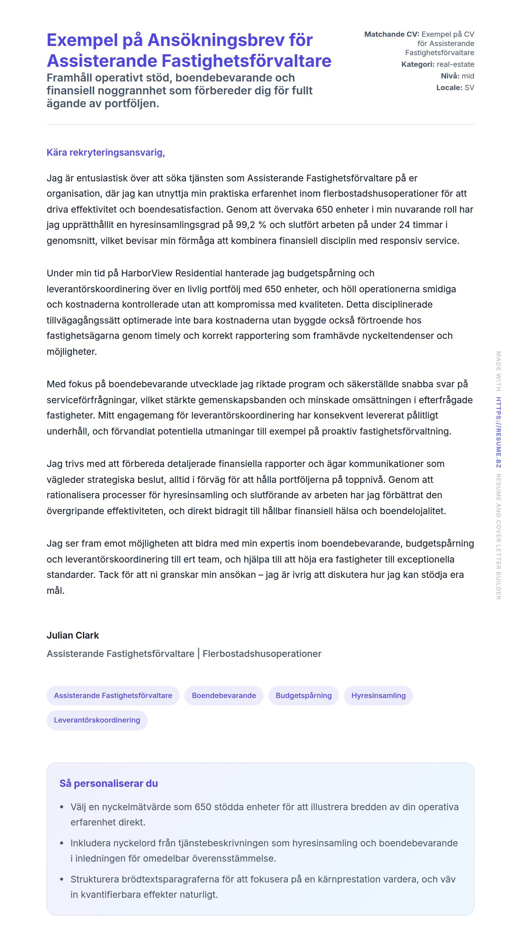 Förhandsgranskning av motivationsbrev för Exempel på Ansökningsbrev för Assisterande Fastighetsförvaltare