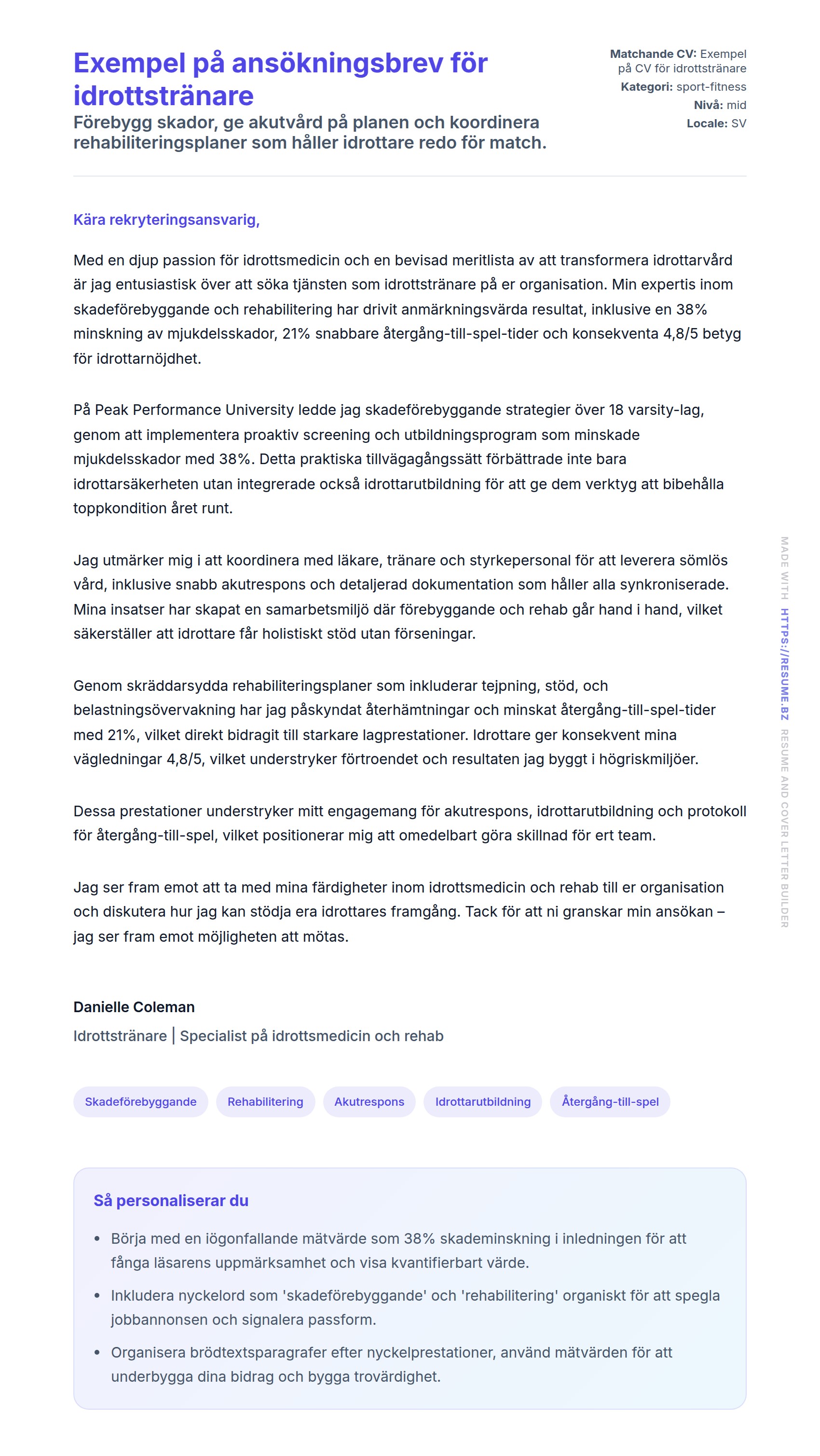 Förhandsgranskning av motivationsbrev för Exempel på ansökningsbrev för idrottstränare