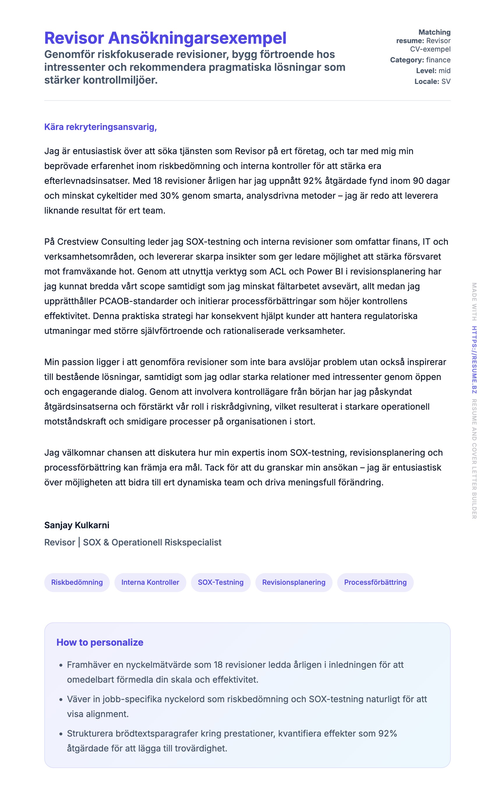 Förhandsgranskning av motivationsbrev för Revisor Ansökningarsexempel