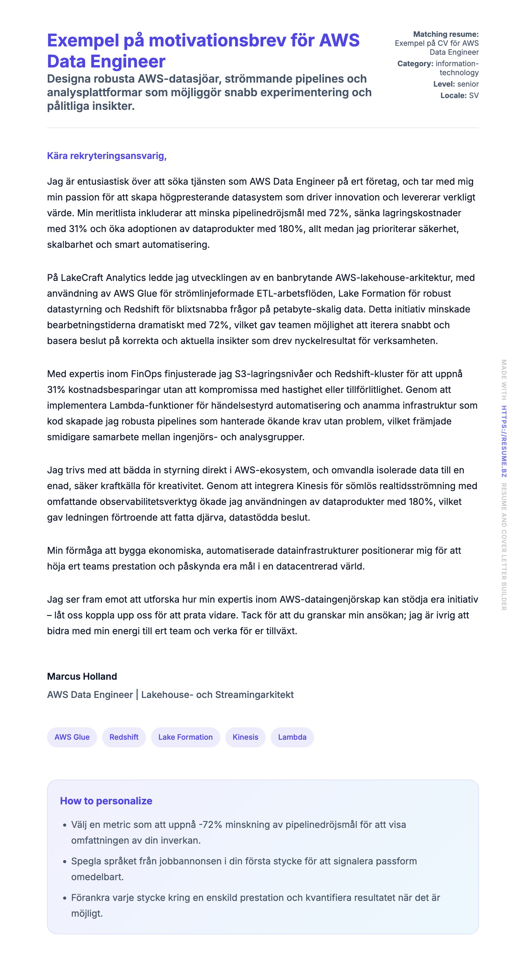Förhandsgranskning av motivationsbrev för Exempel på motivationsbrev för AWS Data Engineer