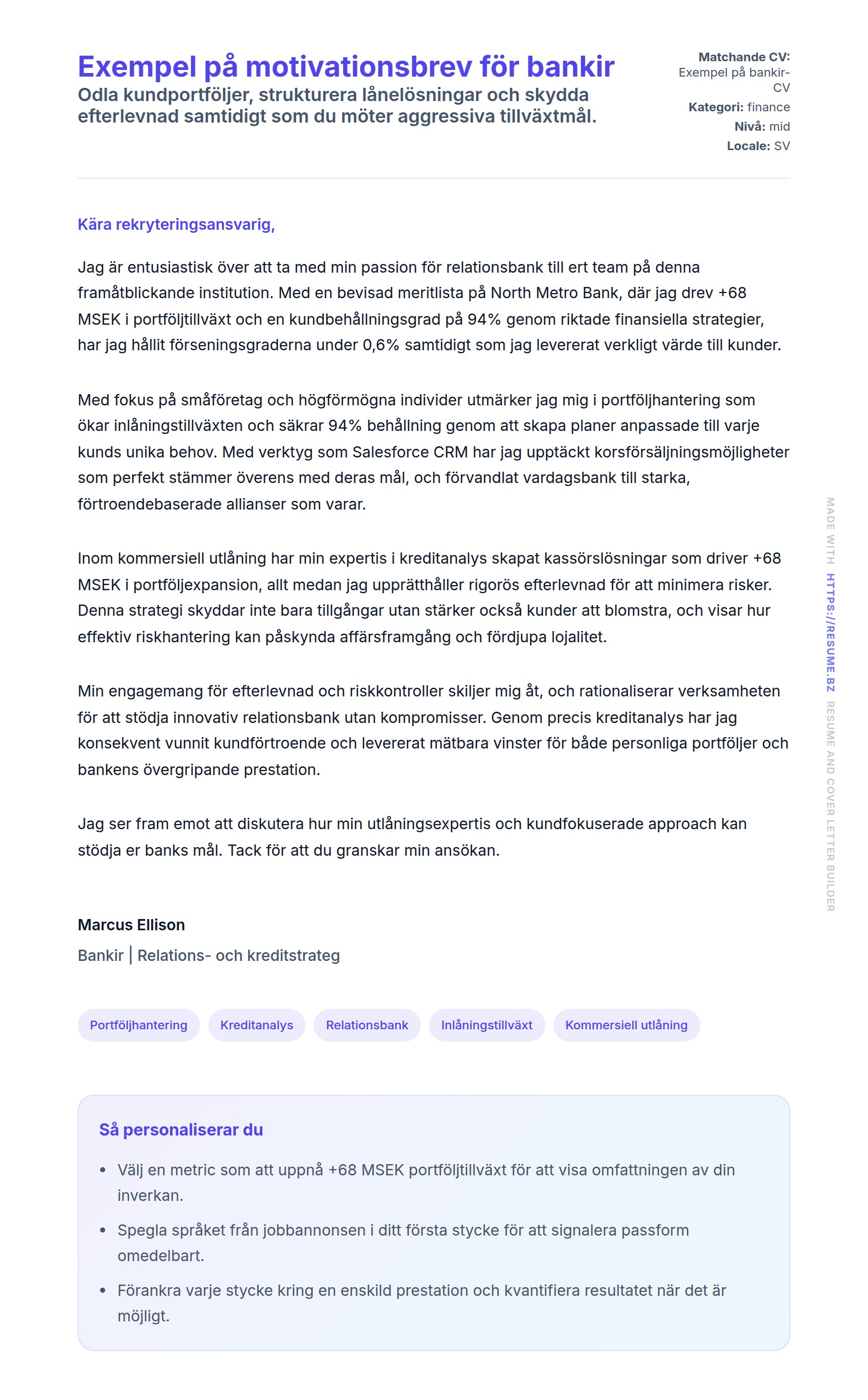 Förhandsgranskning av motivationsbrev för Exempel på motivationsbrev för bankir