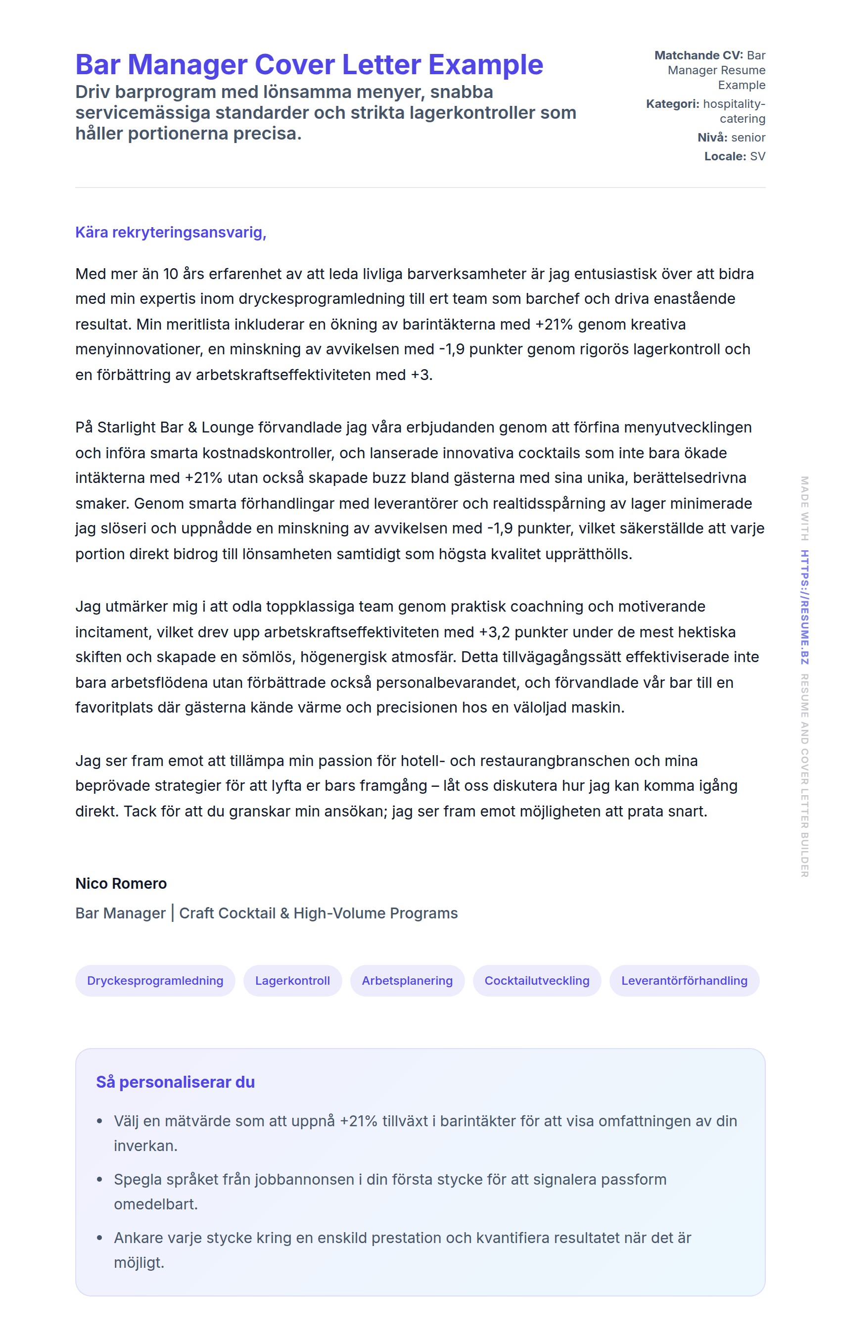 Förhandsgranskning av motivationsbrev för Bar Manager Cover Letter Example