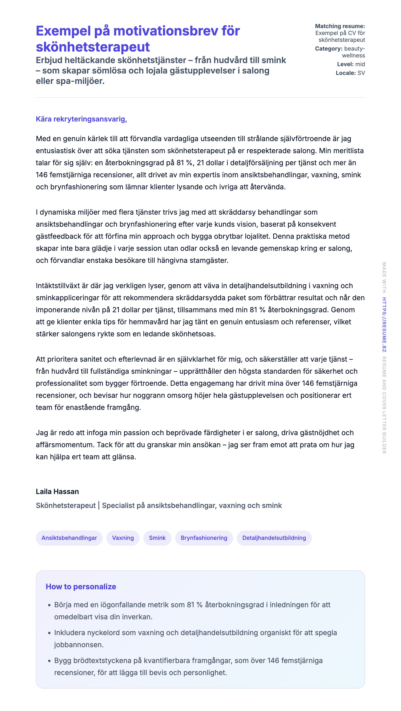 Förhandsgranskning av motivationsbrev för Exempel på motivationsbrev för skönhetsterapeut