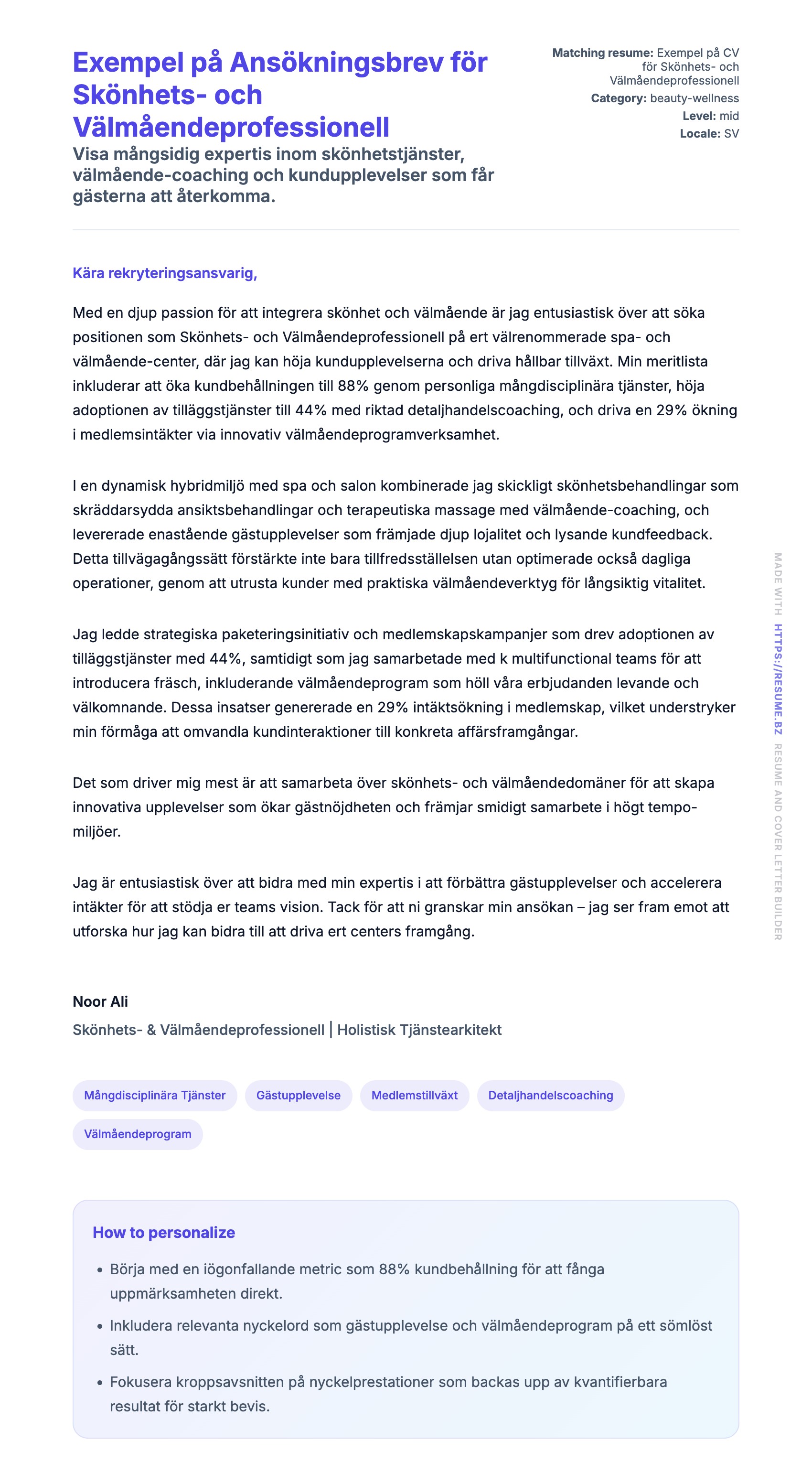 Förhandsgranskning av motivationsbrev för Exempel på Ansökningsbrev för Skönhets- och Välmåendeprofessionell