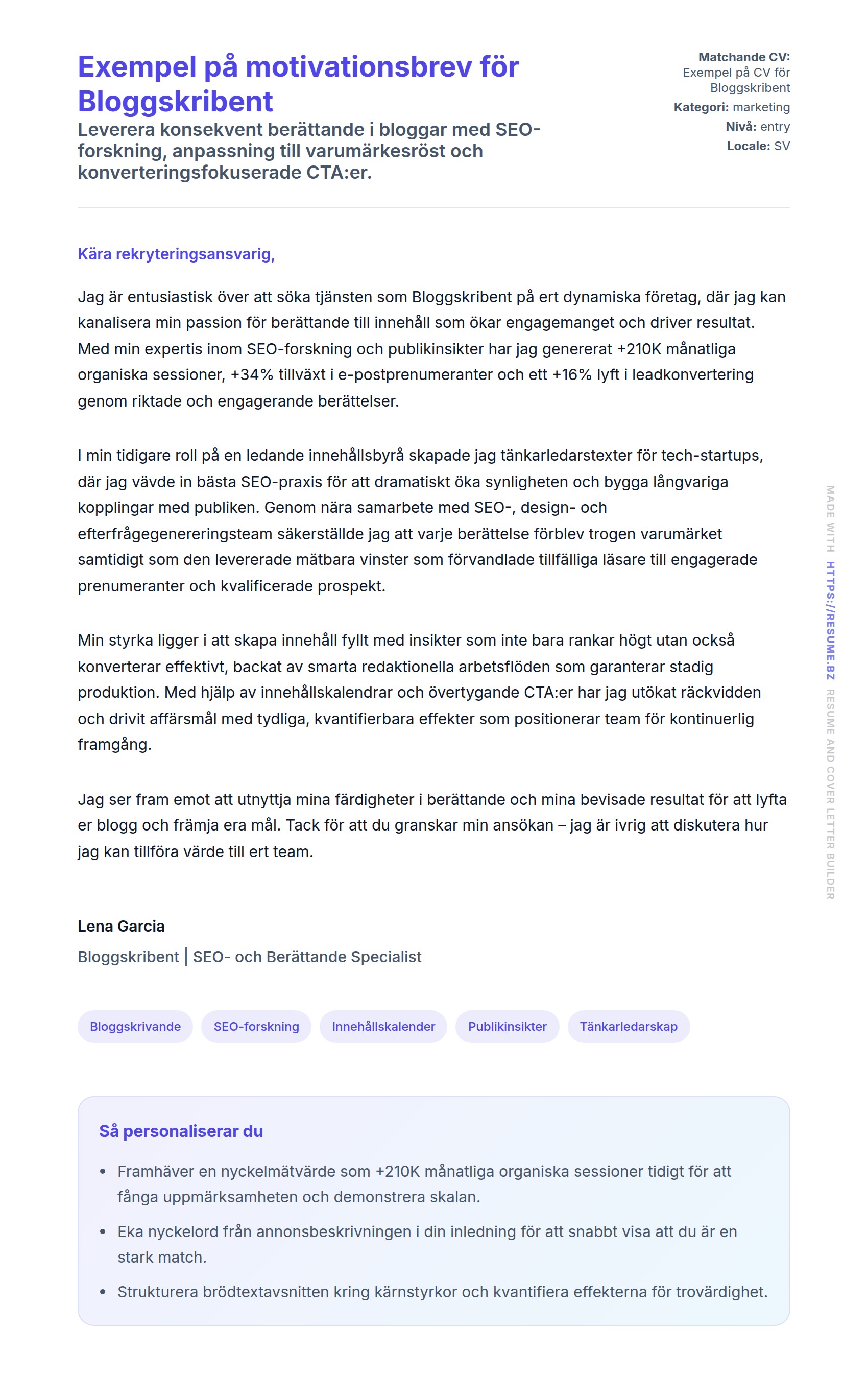 Förhandsgranskning av motivationsbrev för Exempel på motivationsbrev för Bloggskribent