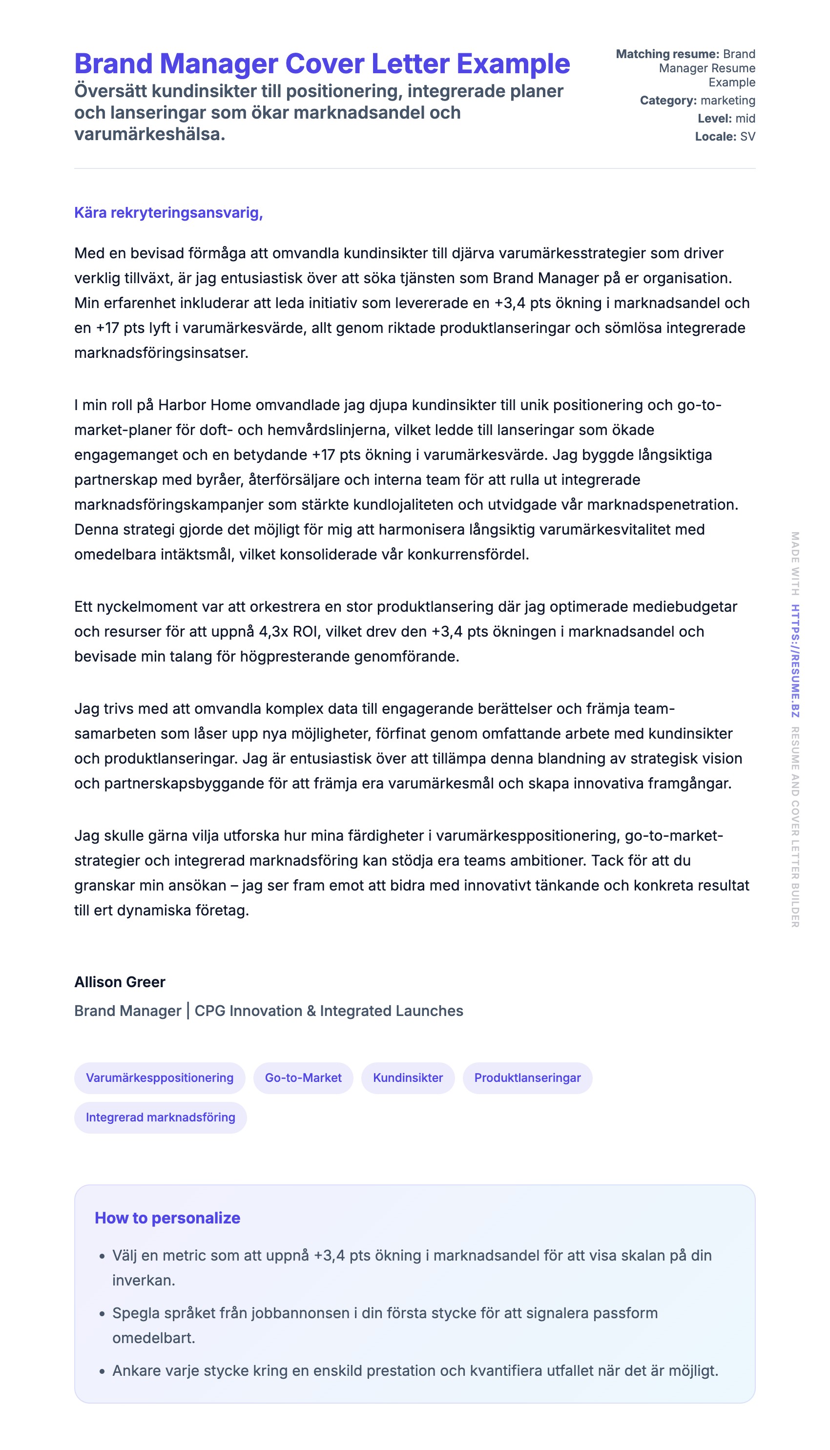 Förhandsgranskning av motivationsbrev för Brand Manager Cover Letter Example