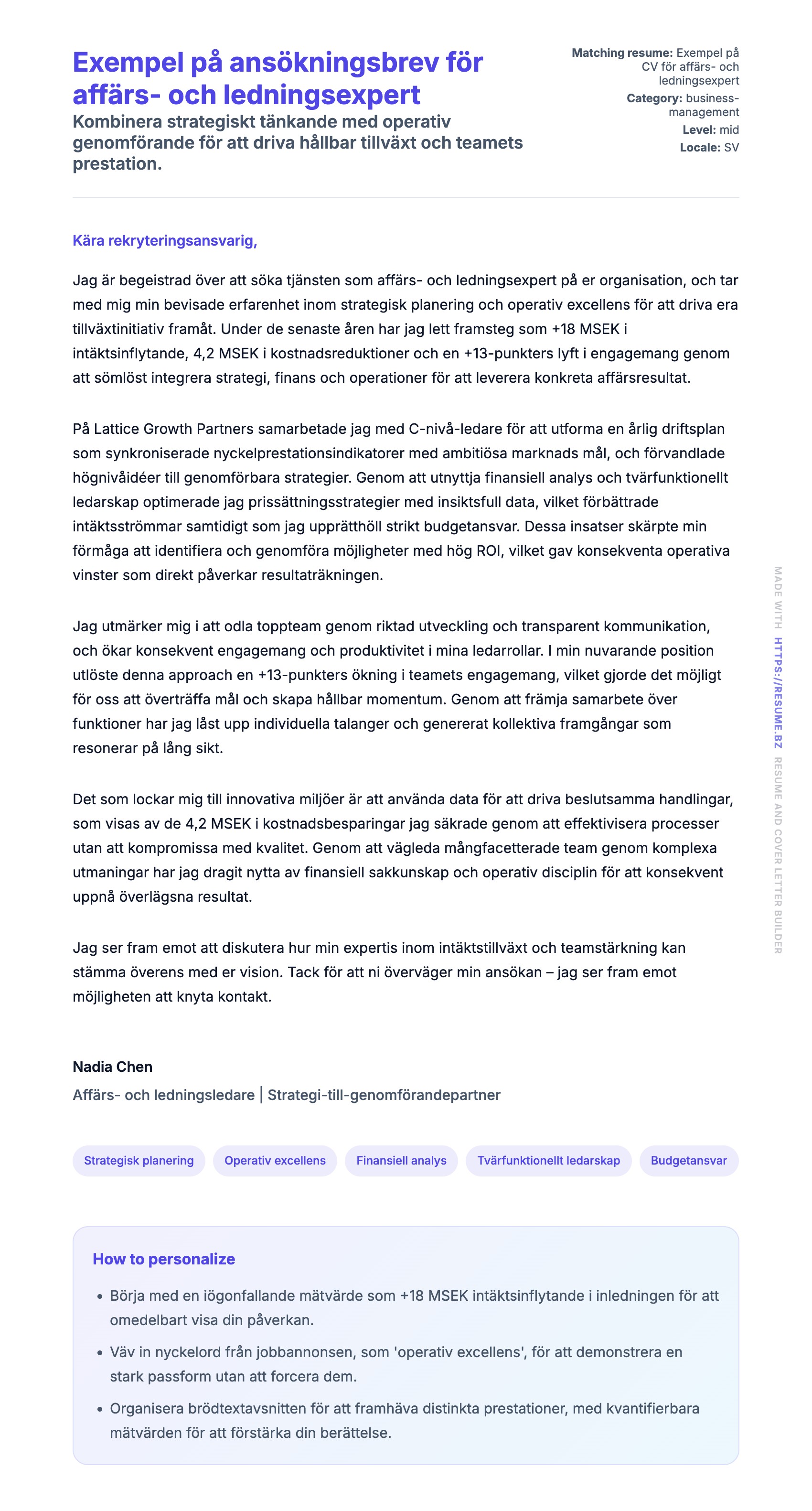 Förhandsgranskning av motivationsbrev för Exempel på ansökningsbrev för affärs- och ledningsexpert