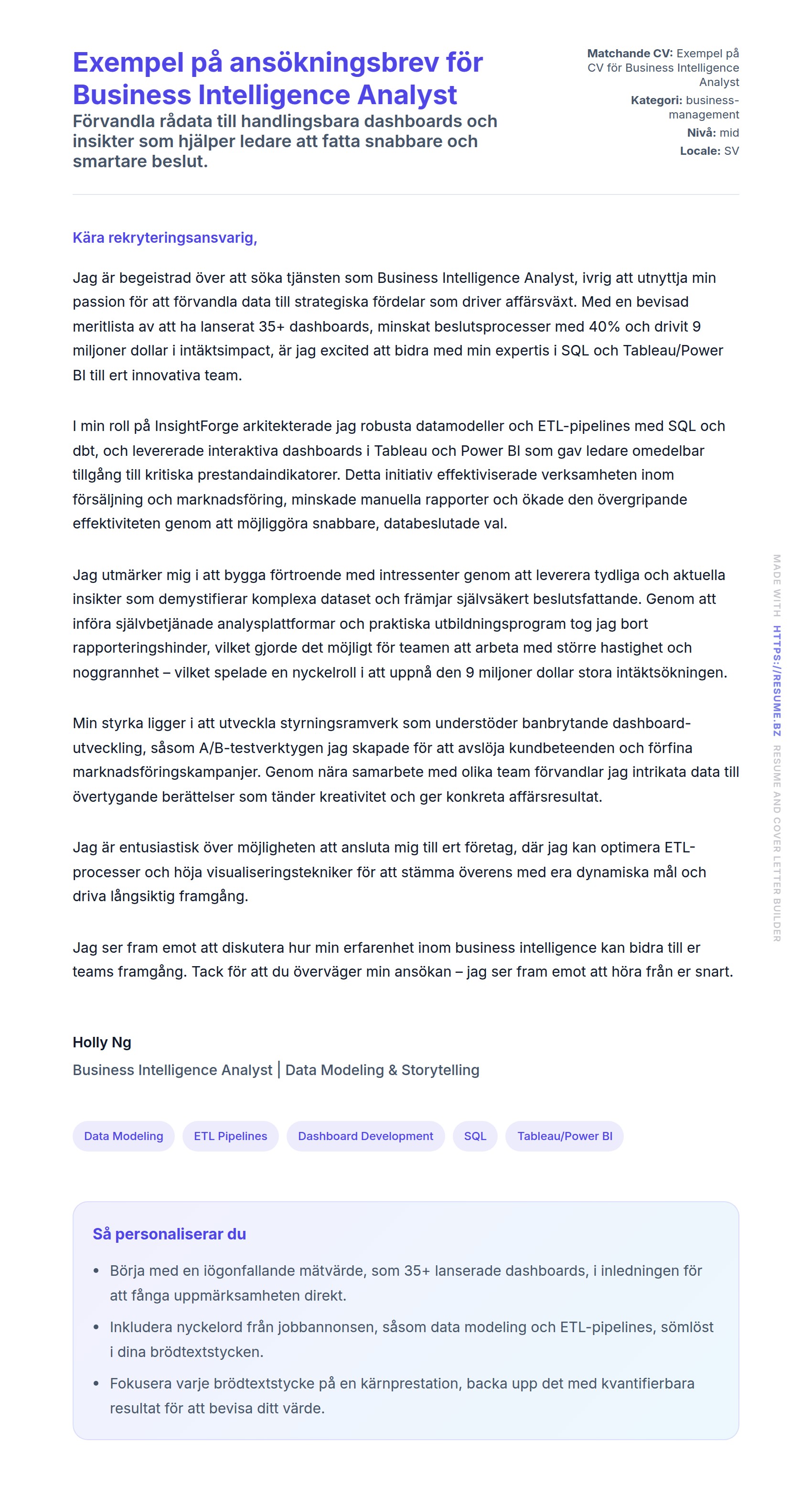 Förhandsgranskning av motivationsbrev för Exempel på ansökningsbrev för Business Intelligence Analyst