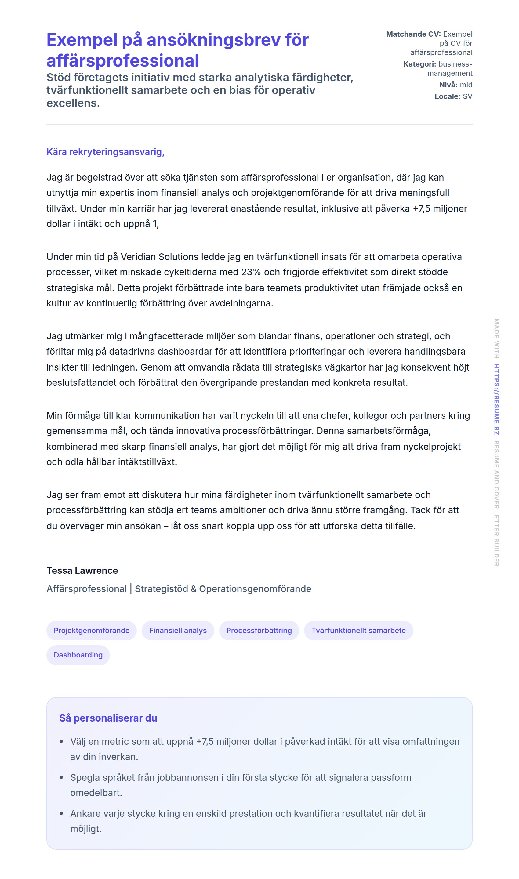 Förhandsgranskning av motivationsbrev för Exempel på ansökningsbrev för affärsprofessional