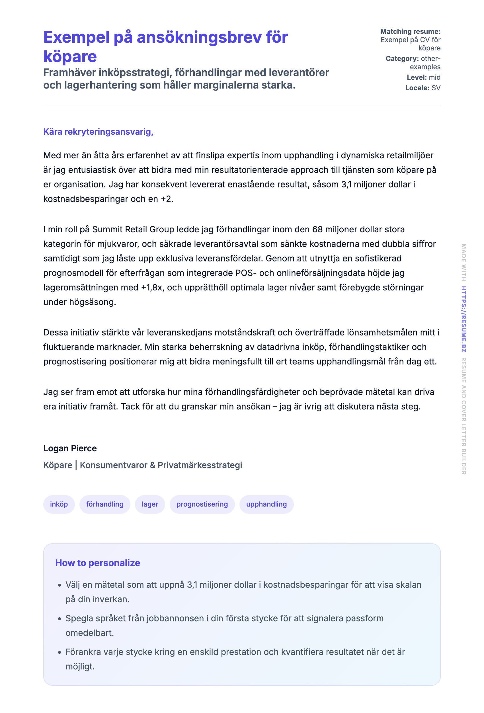 Förhandsgranskning av motivationsbrev för Exempel på ansökningsbrev för köpare
