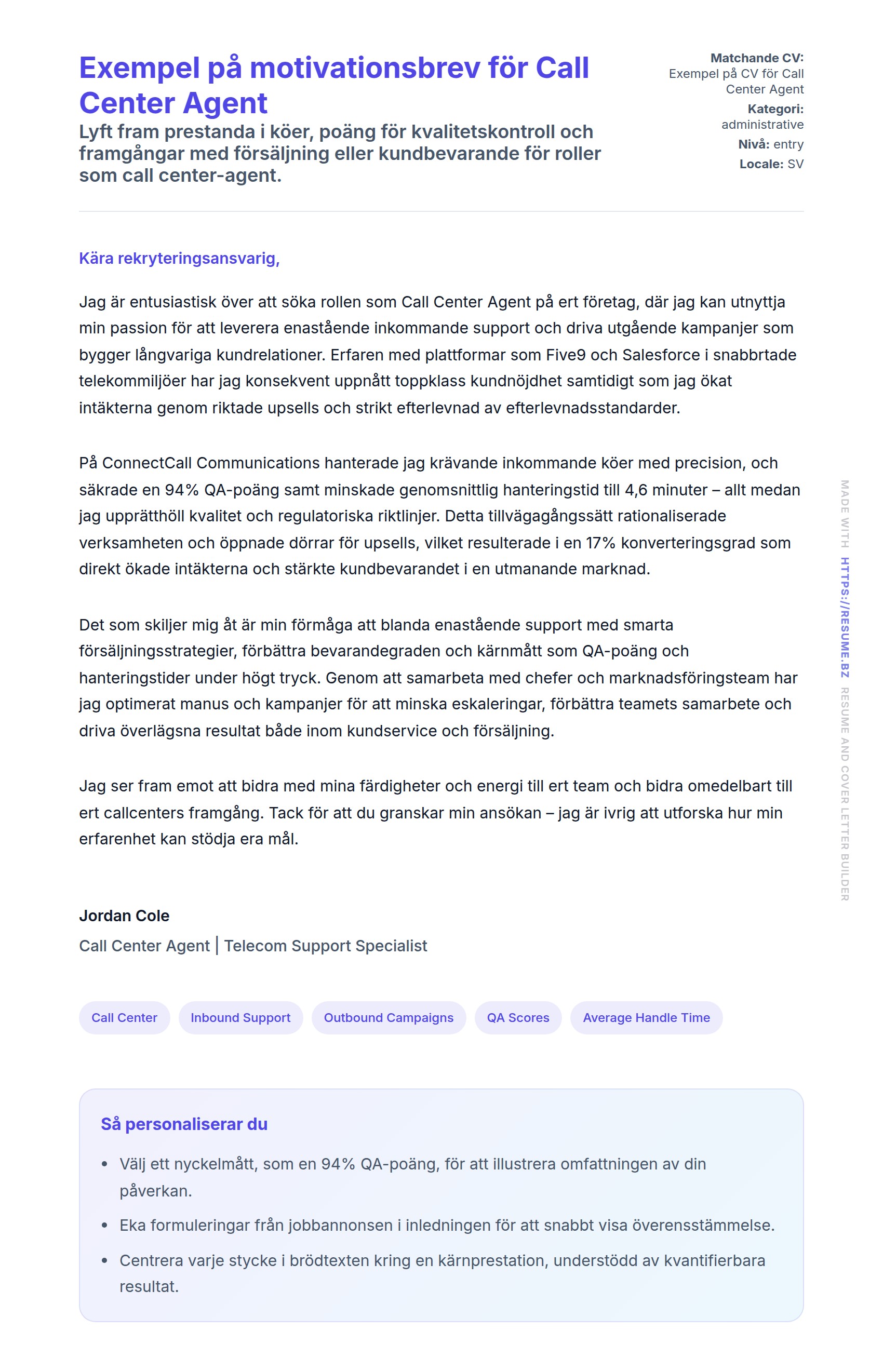 Förhandsgranskning av motivationsbrev för Exempel på motivationsbrev för Call Center Agent