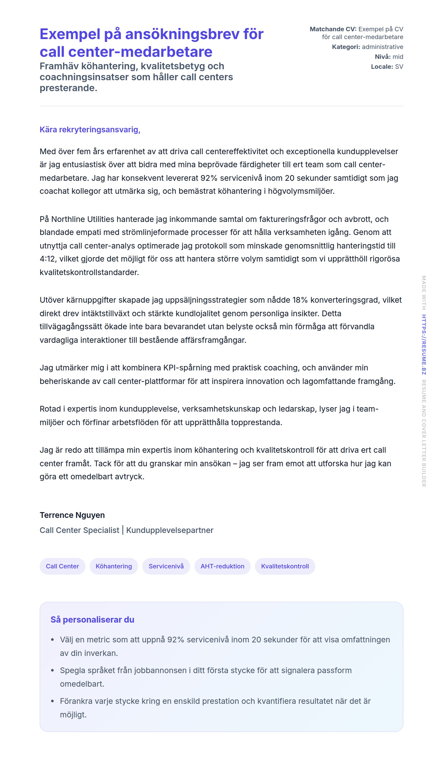 Förhandsgranskning av motivationsbrev för Exempel på ansökningsbrev för call center-medarbetare
