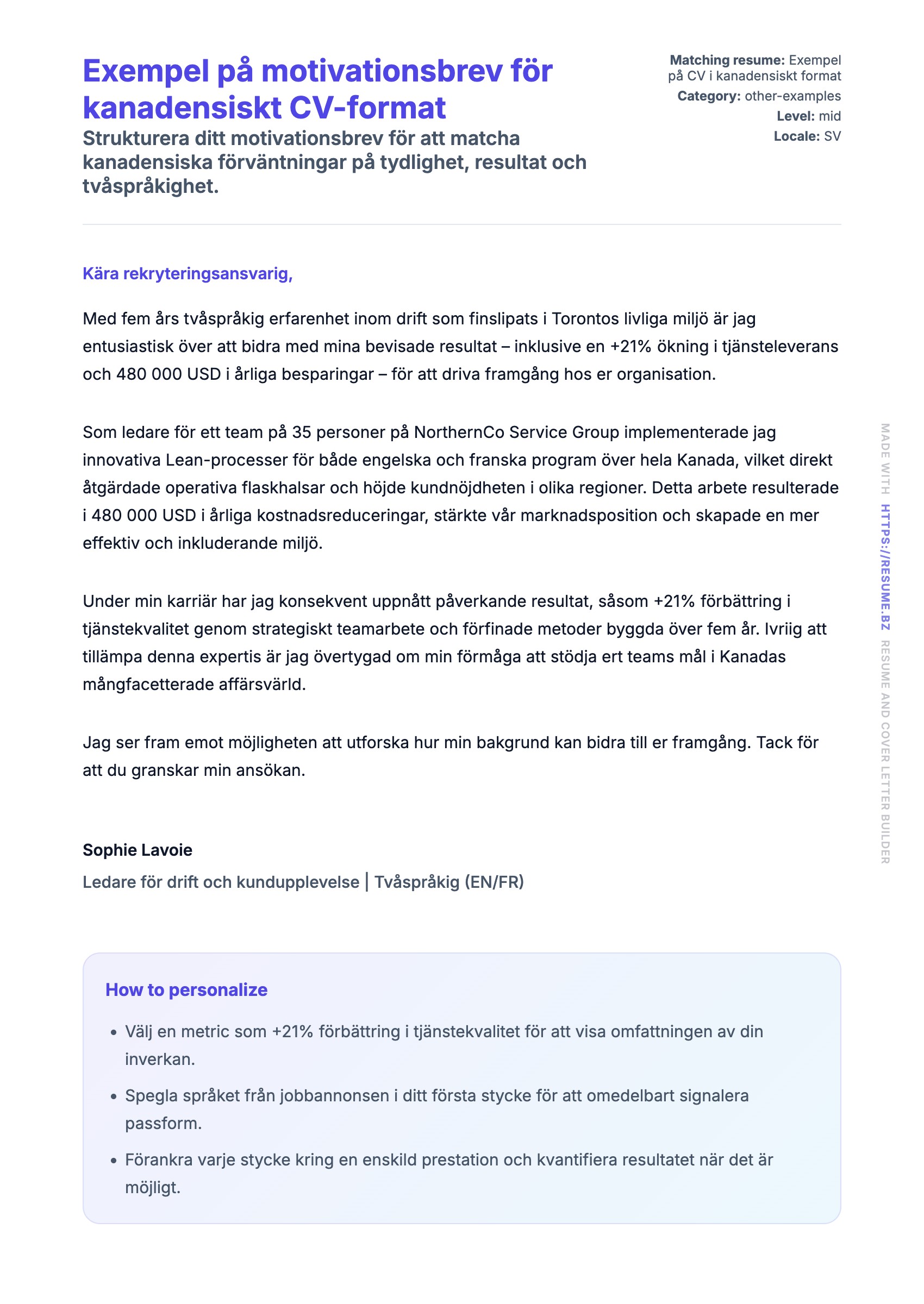 Förhandsgranskning av motivationsbrev för Exempel på motivationsbrev för kanadensiskt CV-format