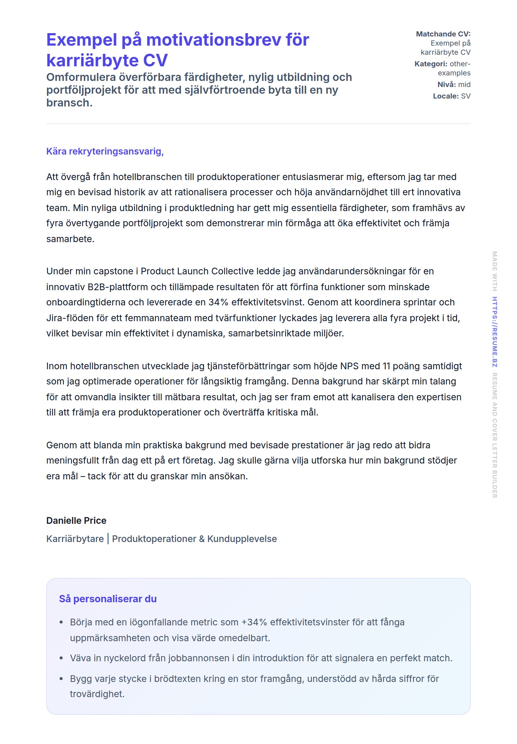 Förhandsgranskning av motivationsbrev för Exempel på motivationsbrev för karriärbyte CV