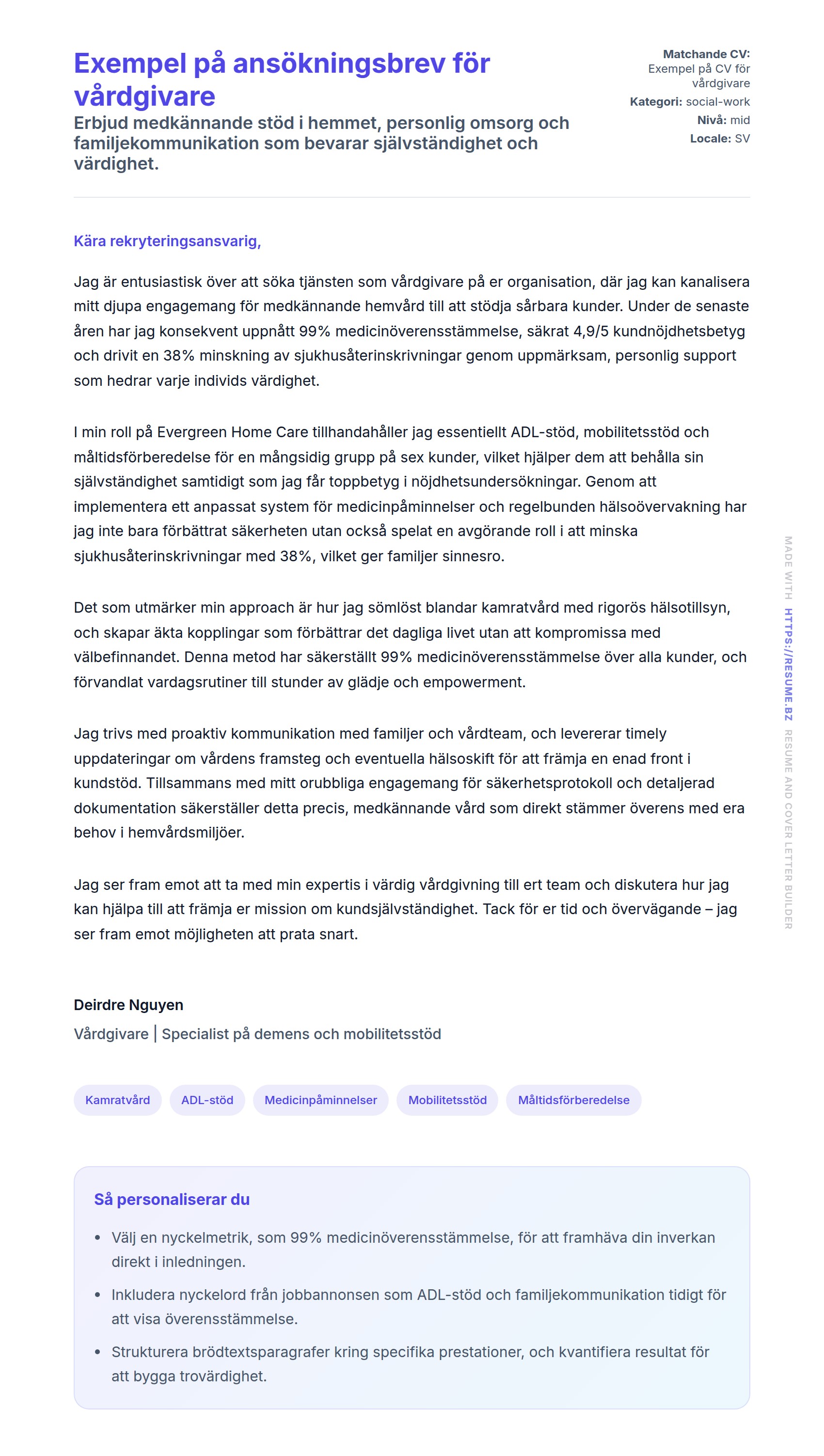 Förhandsgranskning av motivationsbrev för Exempel på ansökningsbrev för vårdgivare