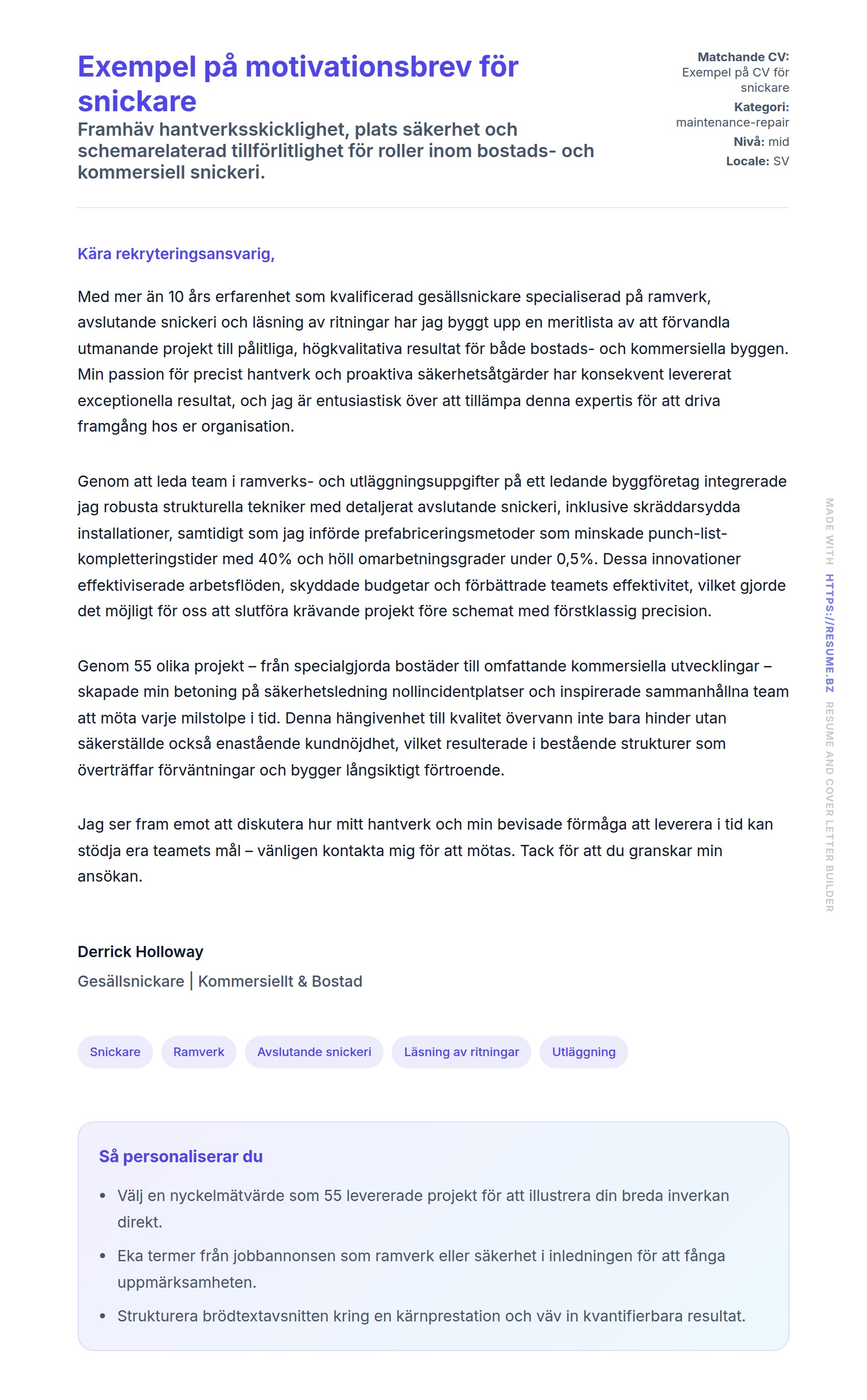 Förhandsgranskning av motivationsbrev för Exempel på motivationsbrev för snickare