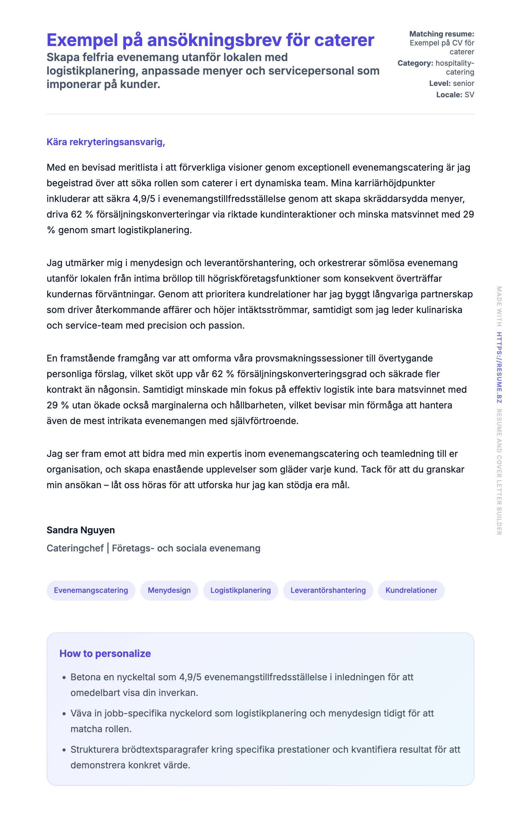 Förhandsgranskning av motivationsbrev för Exempel på ansökningsbrev för caterer