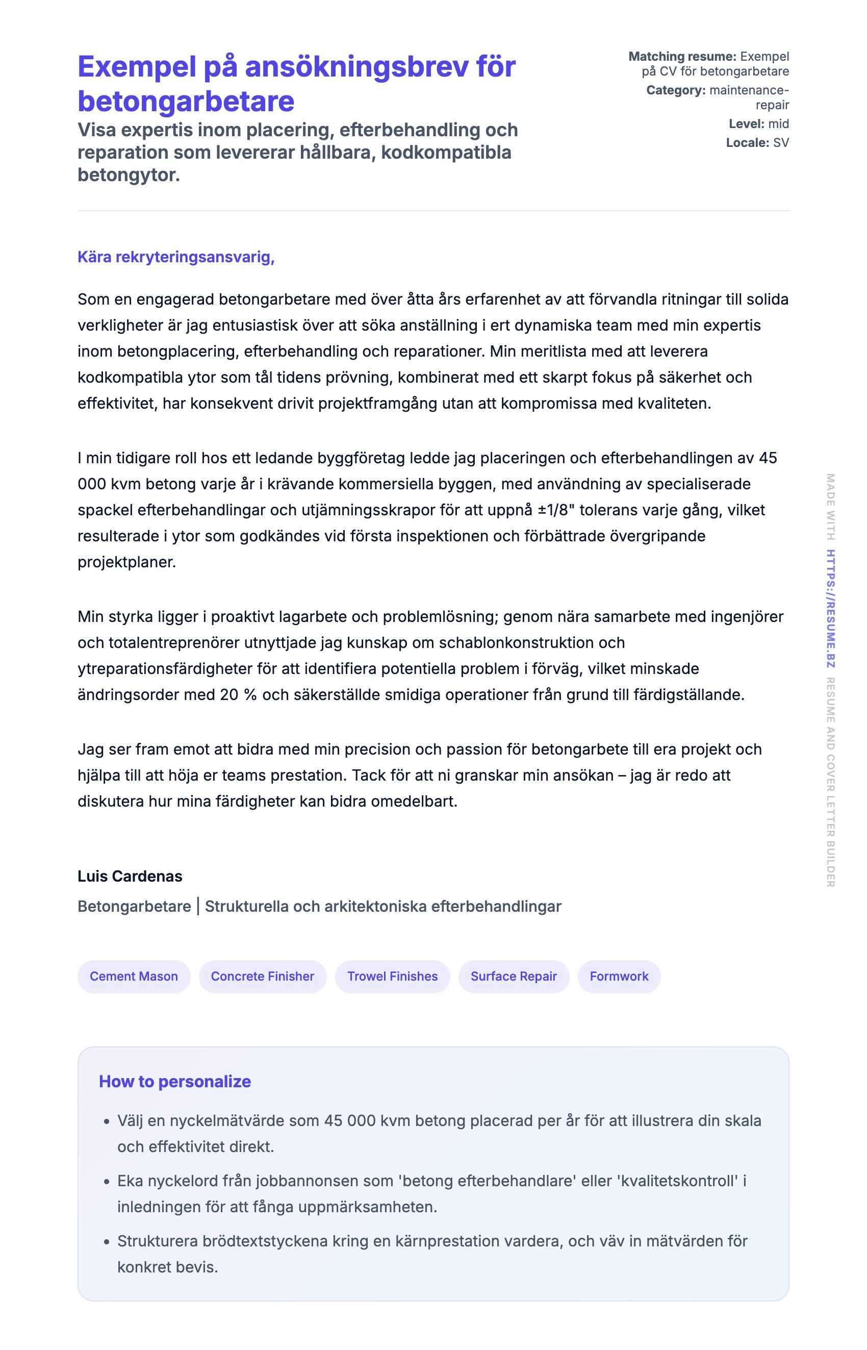 Förhandsgranskning av motivationsbrev för Exempel på ansökningsbrev för betongarbetare