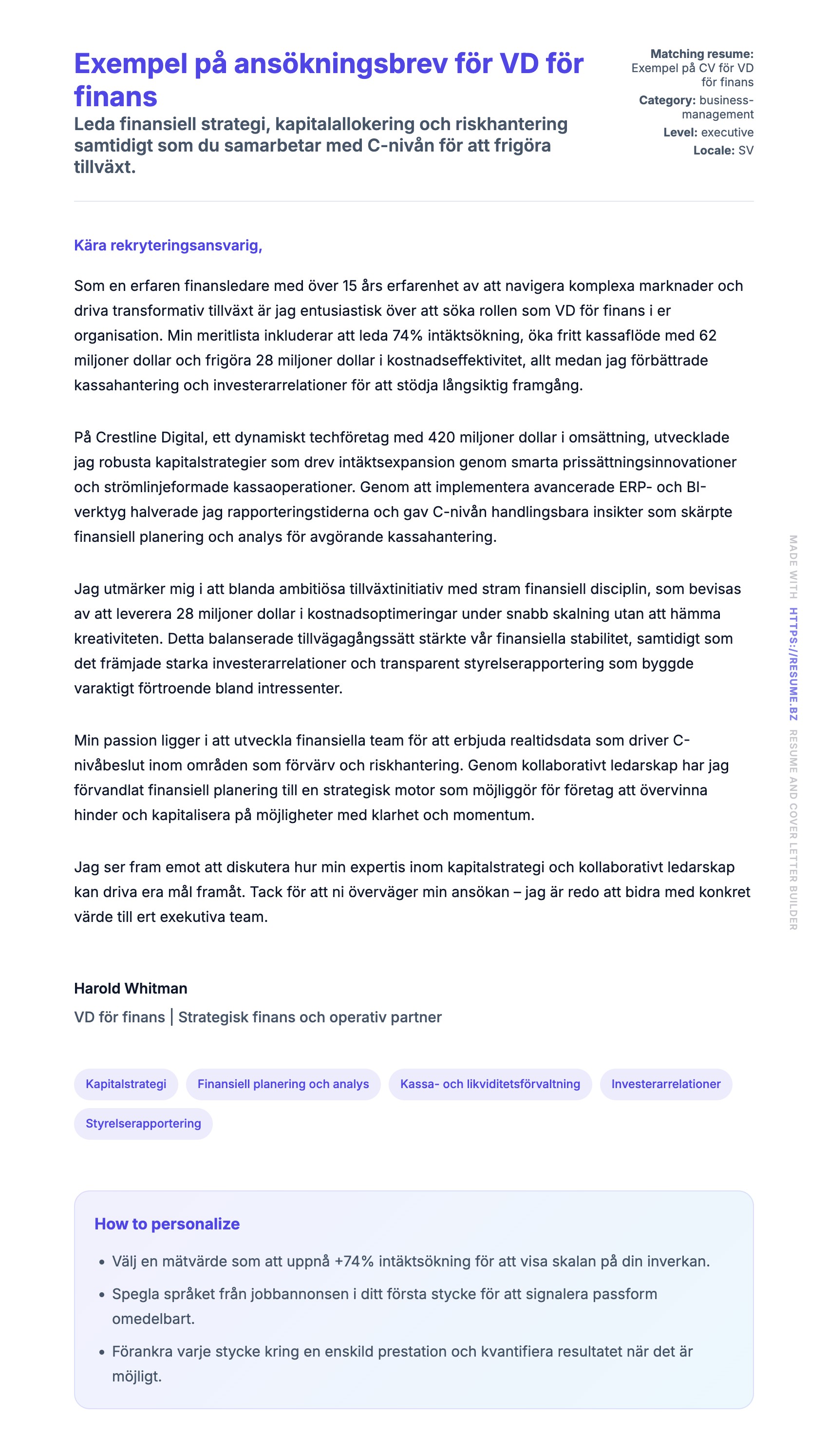Förhandsgranskning av motivationsbrev för Exempel på ansökningsbrev för VD för finans