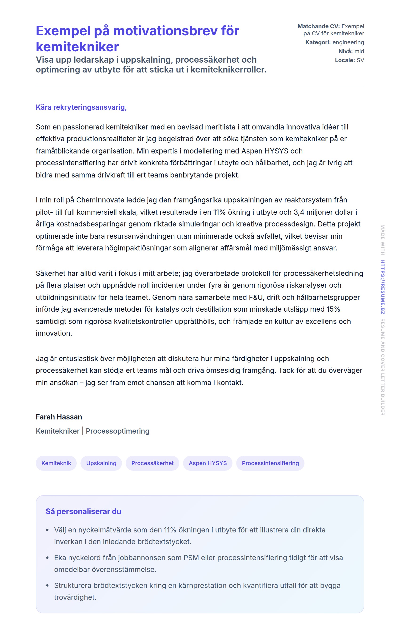 Förhandsgranskning av motivationsbrev för Exempel på motivationsbrev för kemitekniker