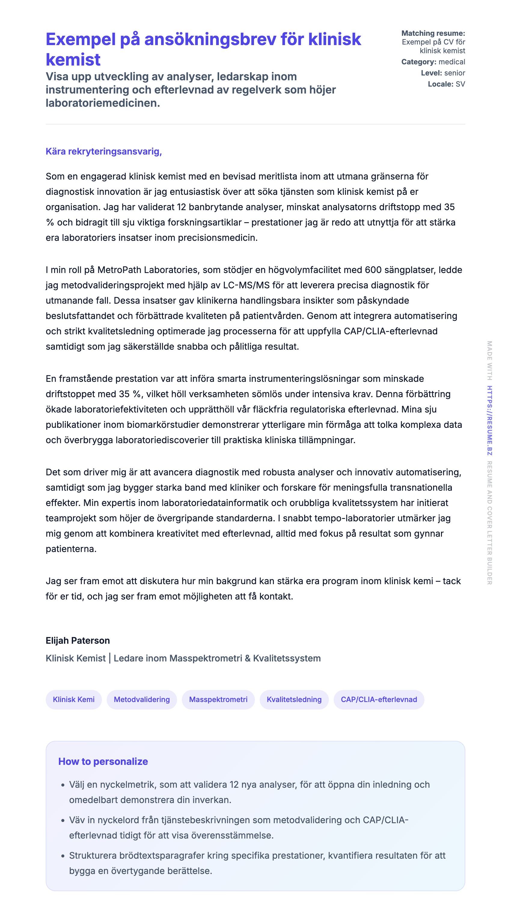 Förhandsgranskning av motivationsbrev för Exempel på ansökningsbrev för klinisk kemist