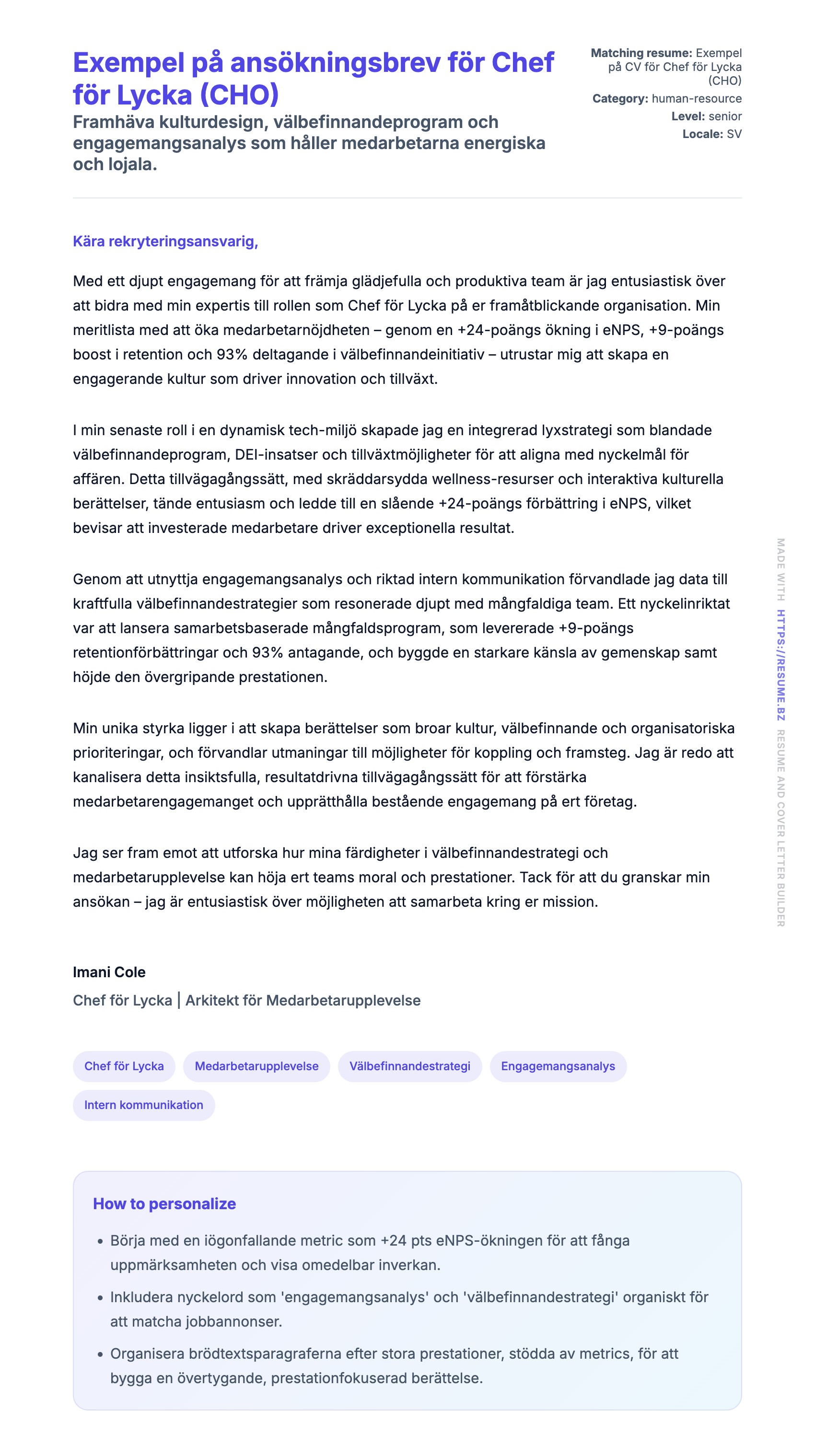 Förhandsgranskning av motivationsbrev för Exempel på ansökningsbrev för Chef för Lycka (CHO)