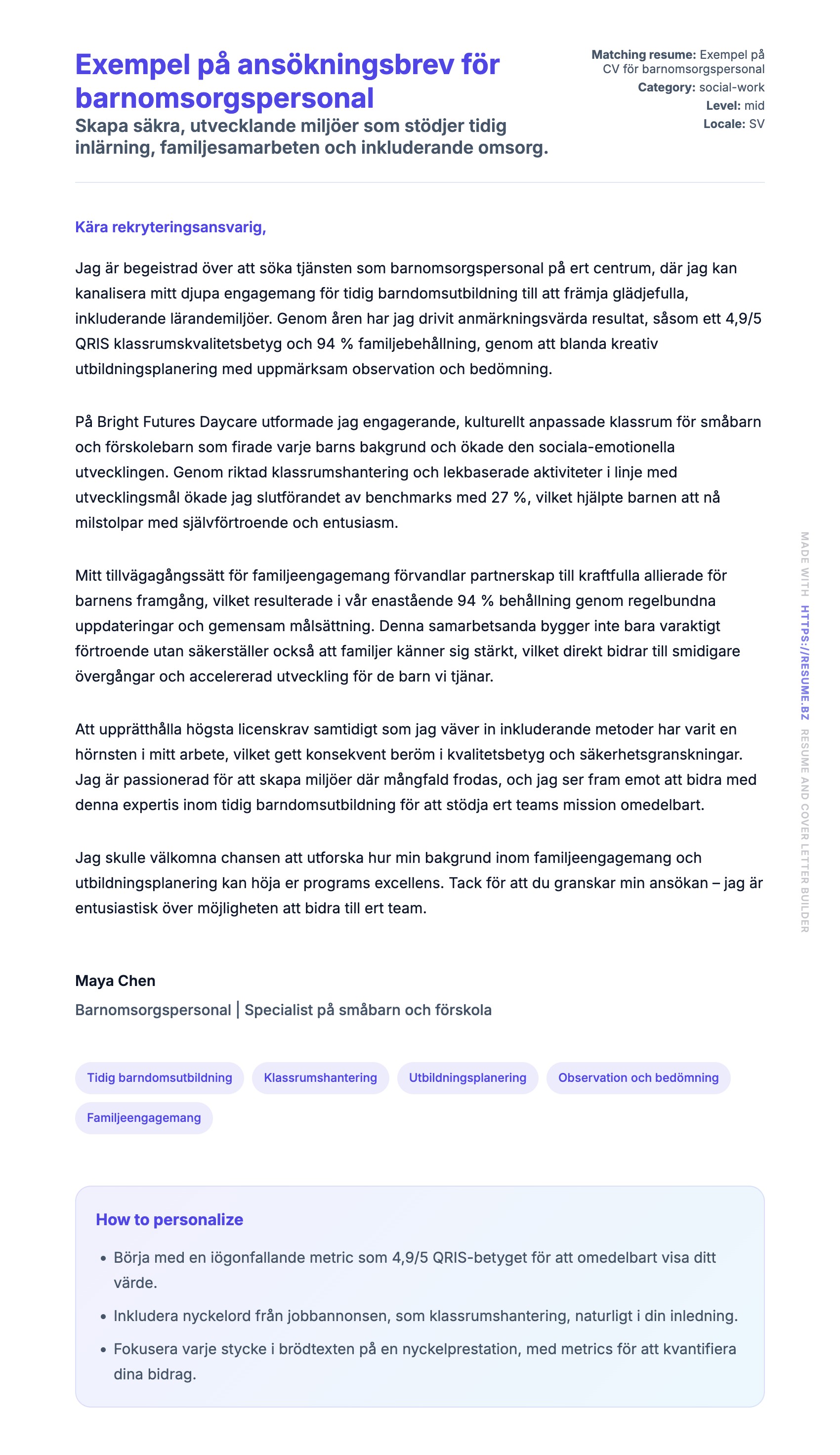 Förhandsgranskning av motivationsbrev för Exempel på ansökningsbrev för barnomsorgspersonal