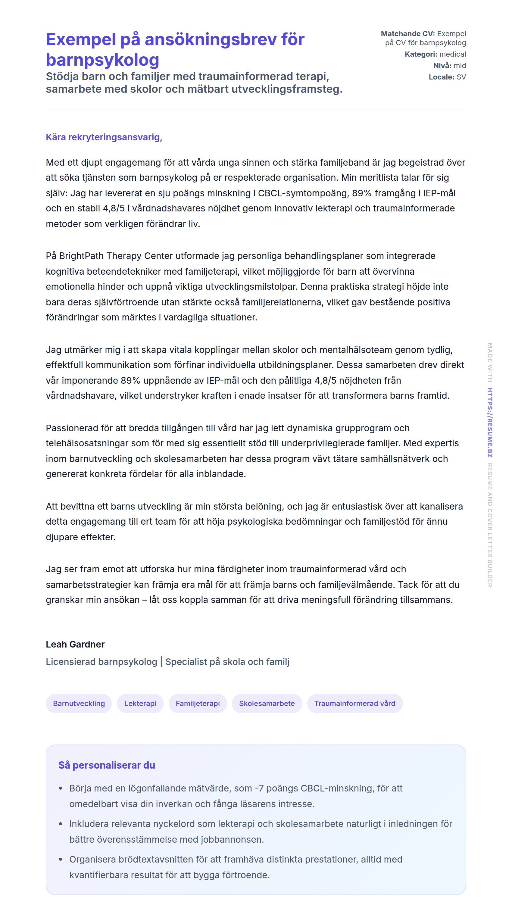 Förhandsgranskning av motivationsbrev för Exempel på ansökningsbrev för barnpsykolog