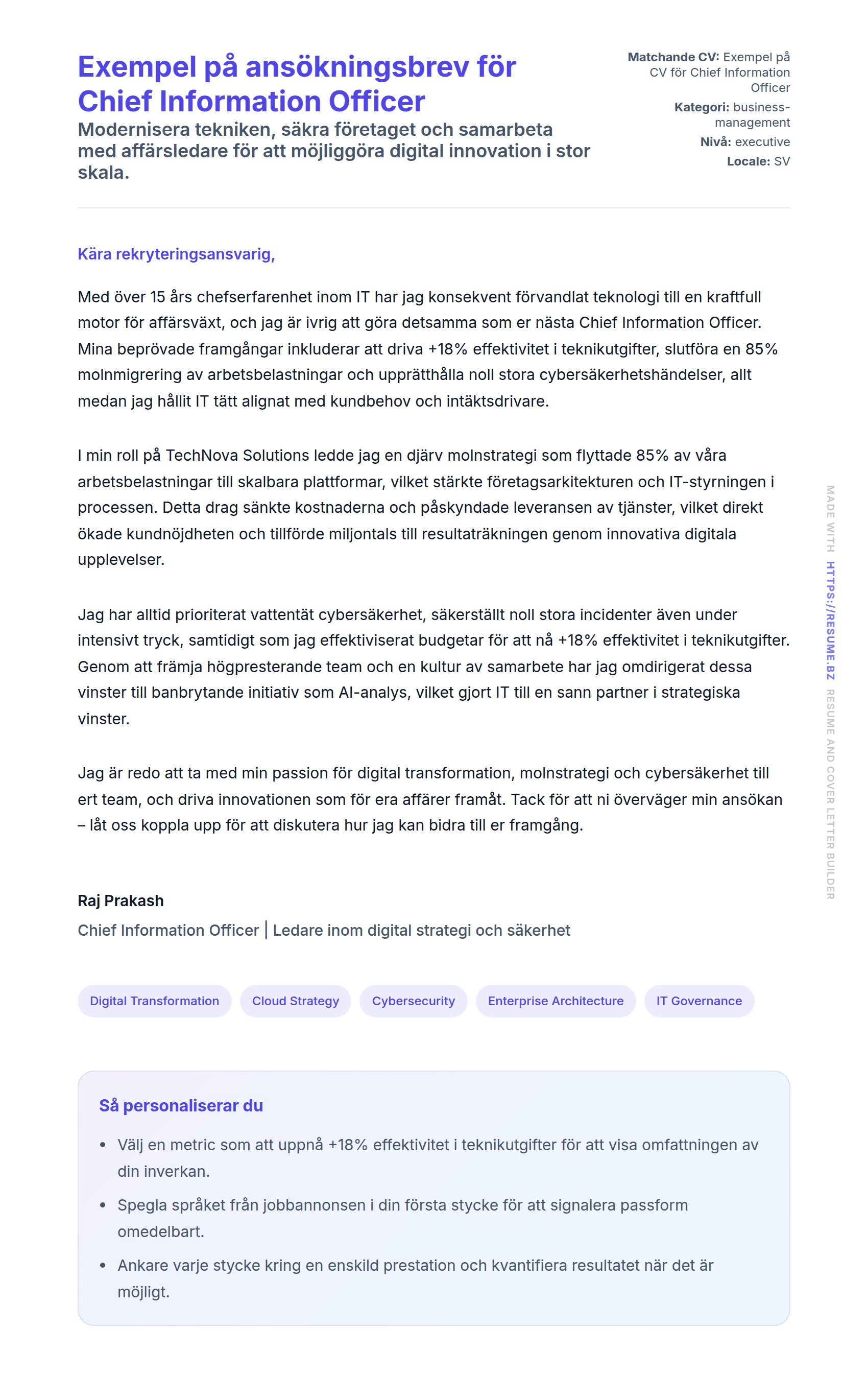 Förhandsgranskning av motivationsbrev för Exempel på ansökningsbrev för Chief Information Officer