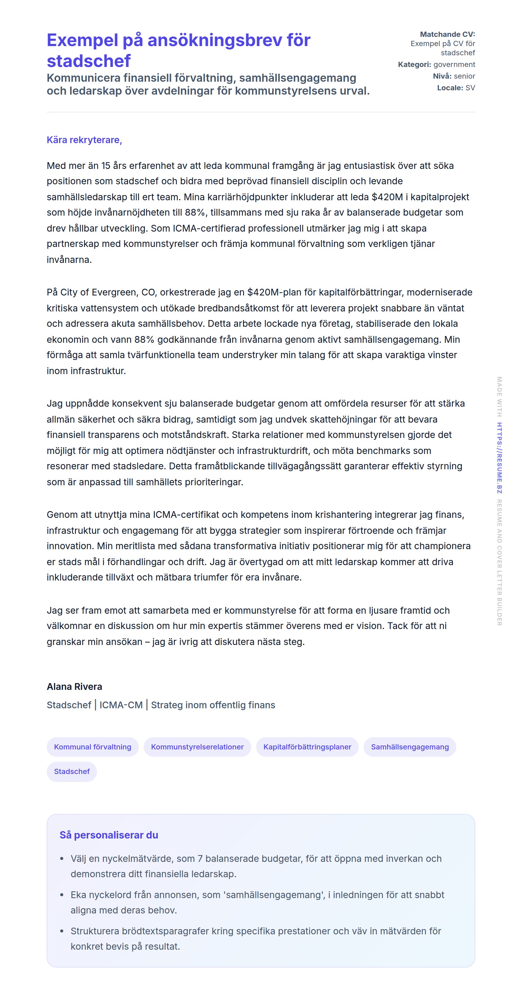 Förhandsgranskning av motivationsbrev för Exempel på ansökningsbrev för stadschef