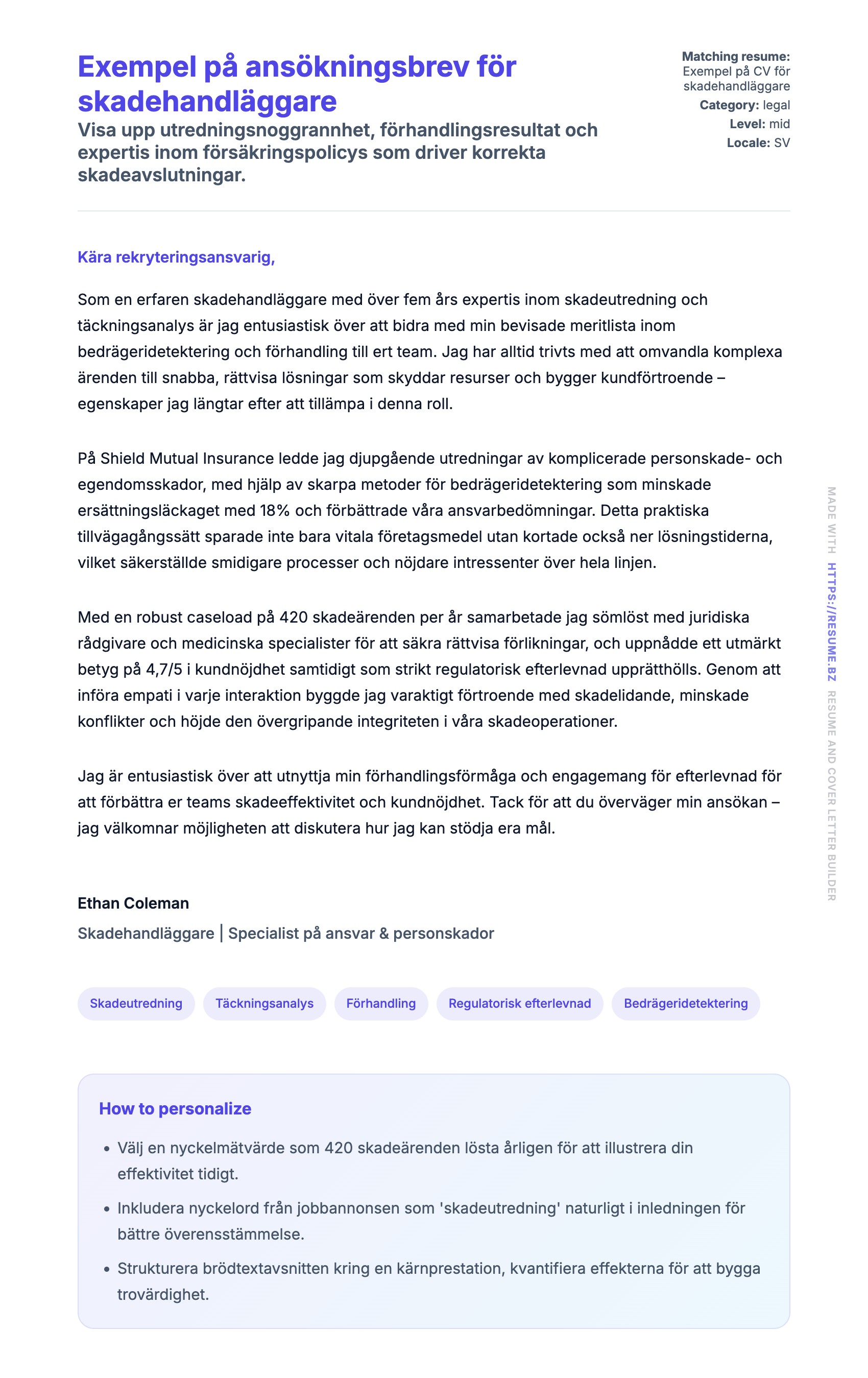 Förhandsgranskning av motivationsbrev för Exempel på ansökningsbrev för skadehandläggare