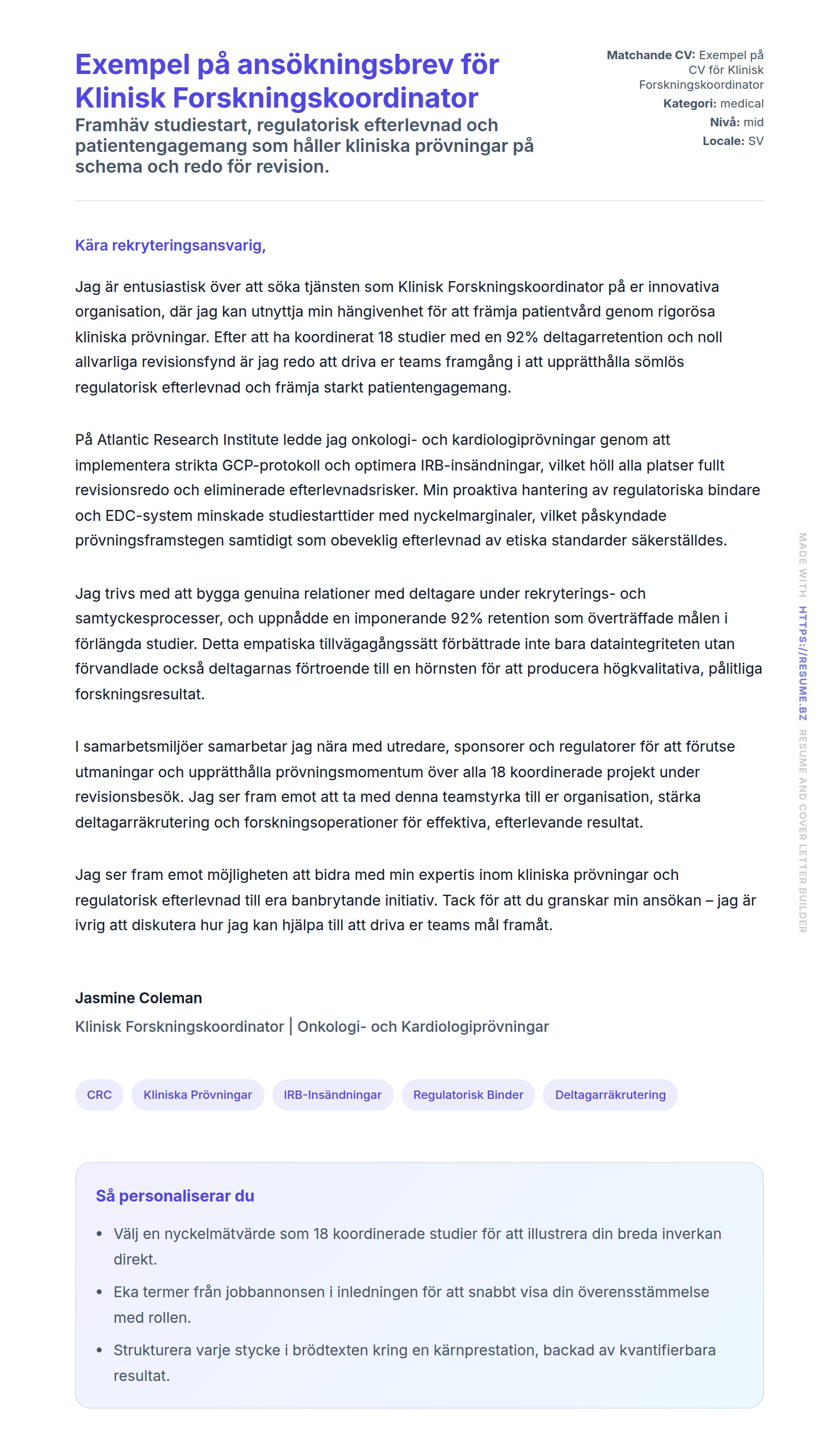Förhandsgranskning av motivationsbrev för Exempel på ansökningsbrev för Klinisk Forskningskoordinator