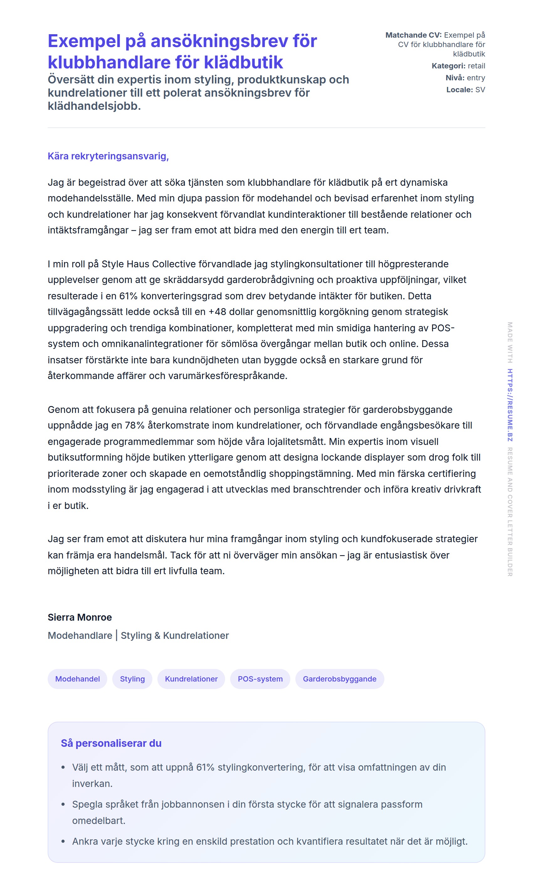 Förhandsgranskning av motivationsbrev för Exempel på ansökningsbrev för klubbhandlare för klädbutik