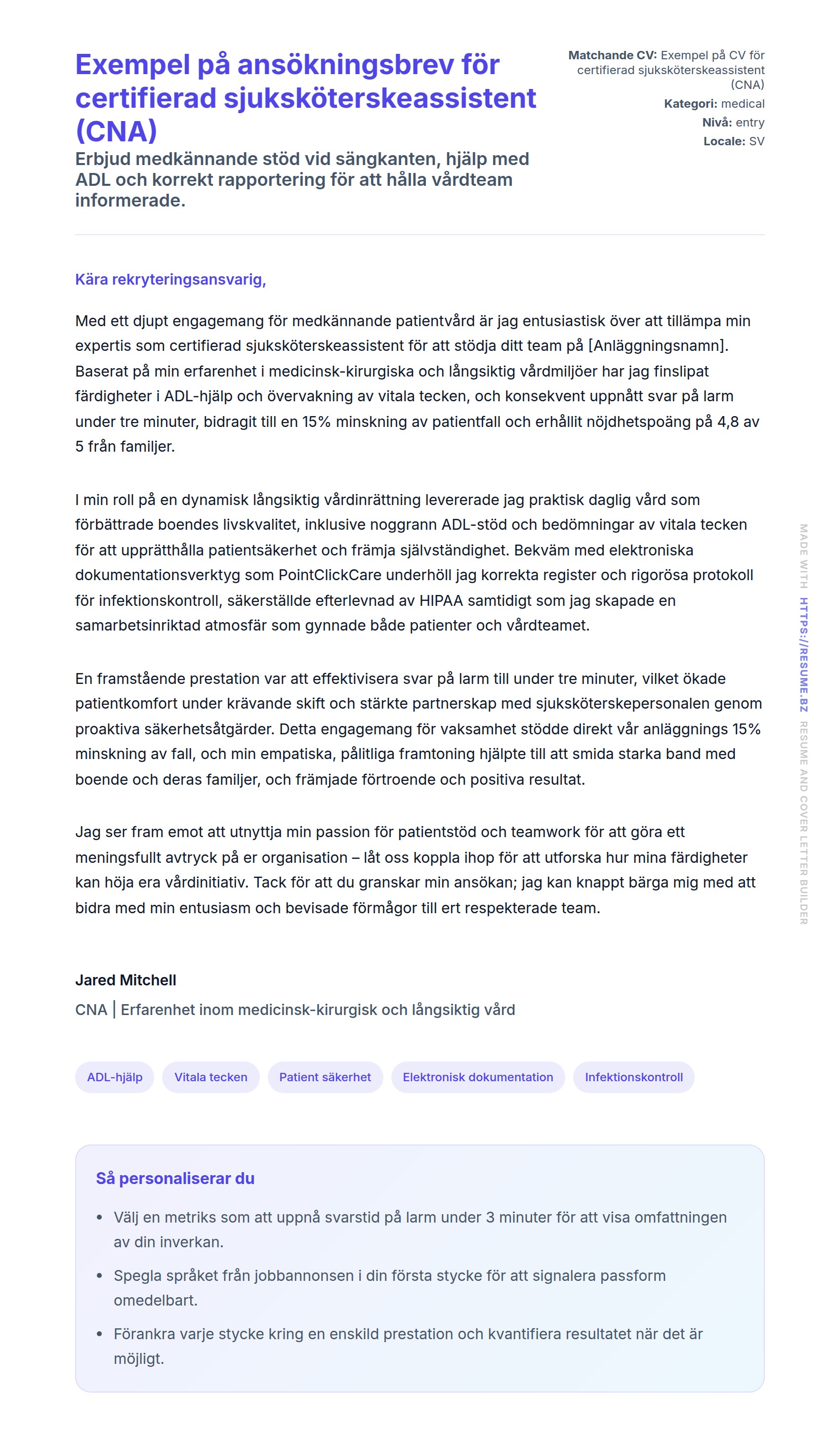 Förhandsgranskning av motivationsbrev för Exempel på ansökningsbrev för certifierad sjuksköterskeassistent (CNA)