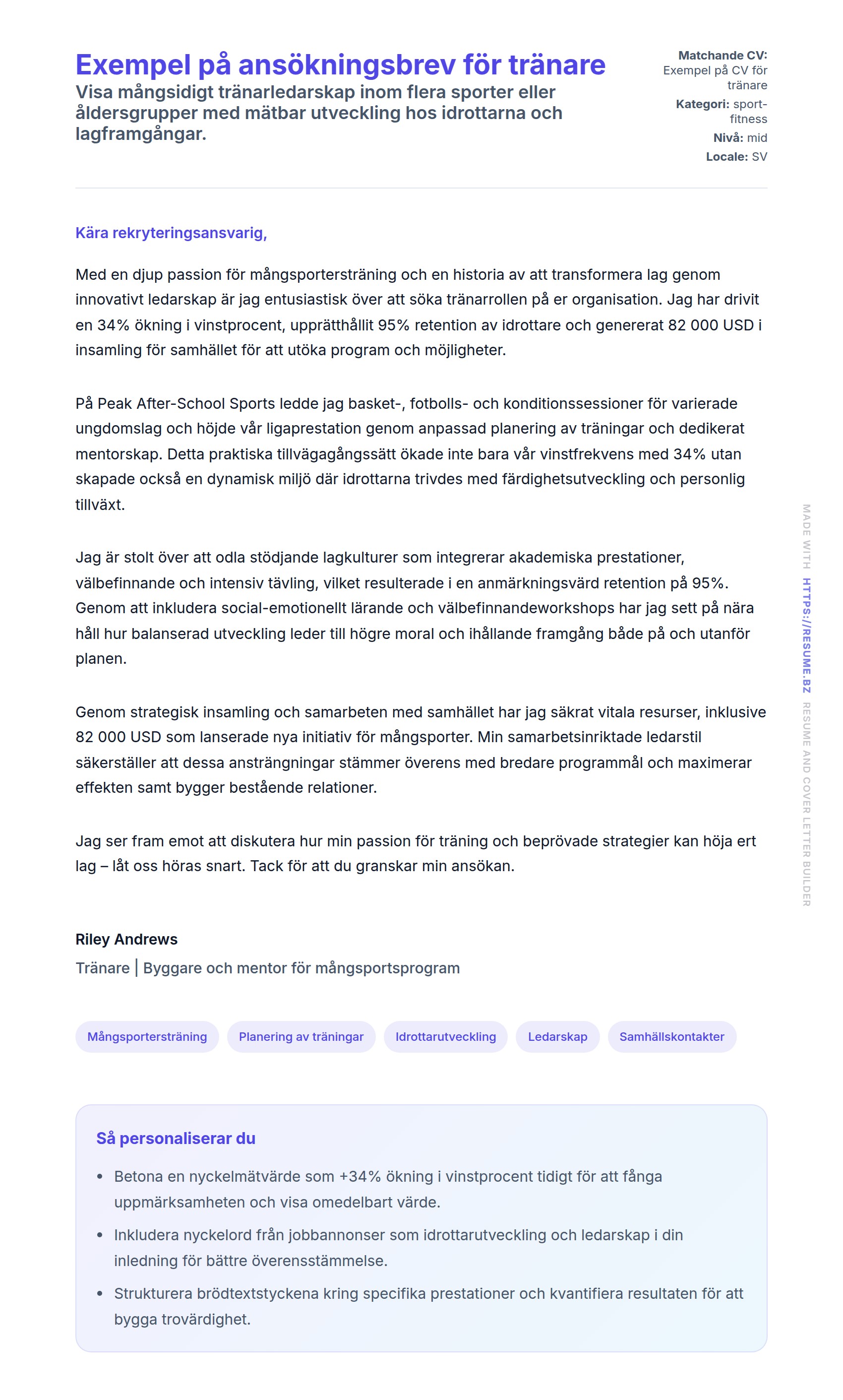 Förhandsgranskning av motivationsbrev för Exempel på ansökningsbrev för tränare