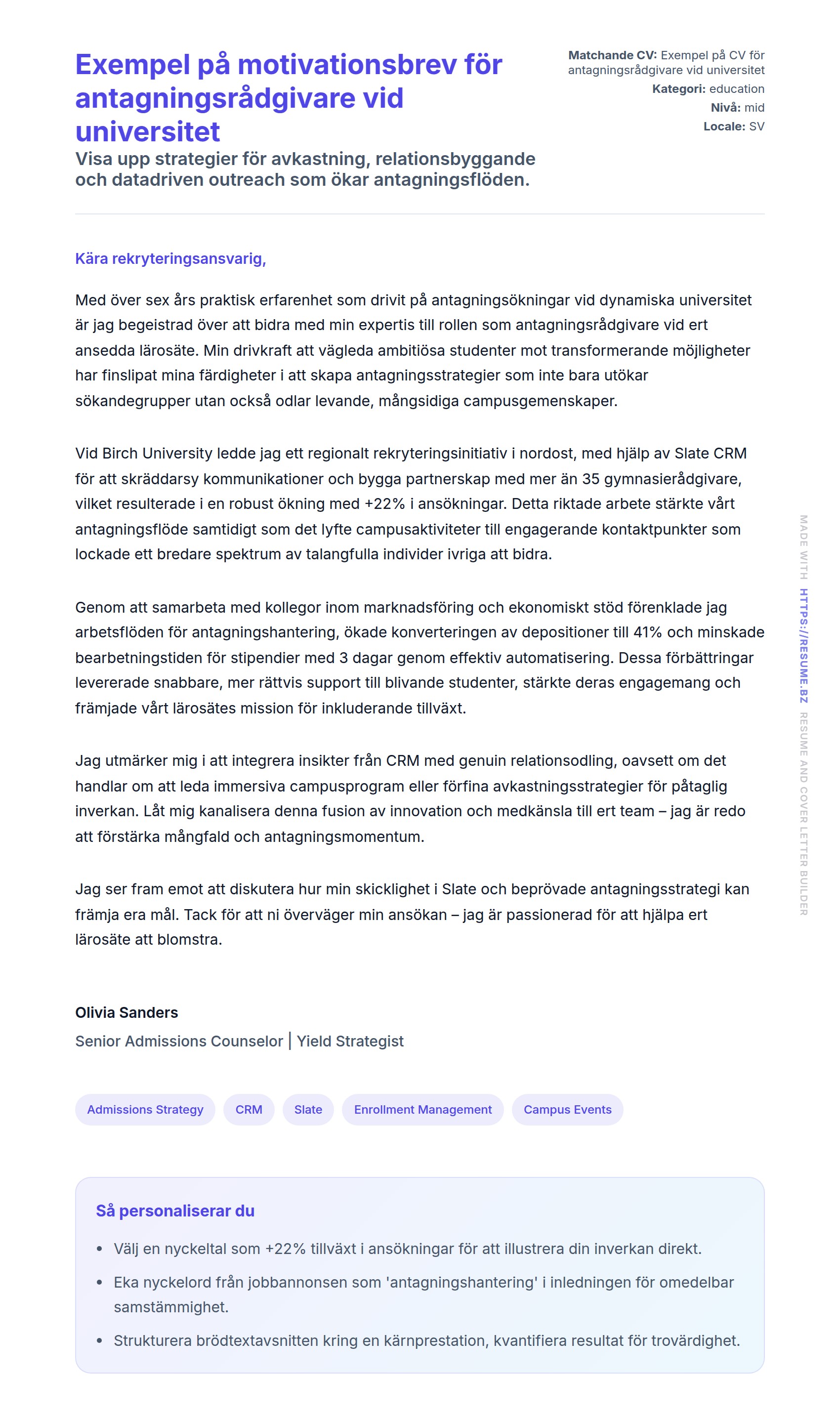 Förhandsgranskning av motivationsbrev för Exempel på motivationsbrev för antagningsrådgivare vid universitet