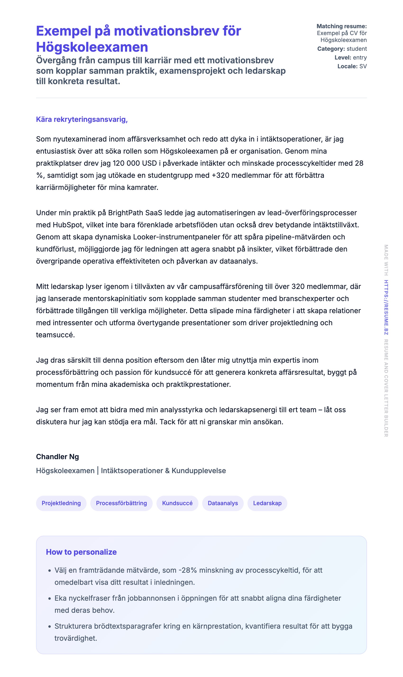 Förhandsgranskning av motivationsbrev för Exempel på motivationsbrev för Högskoleexamen