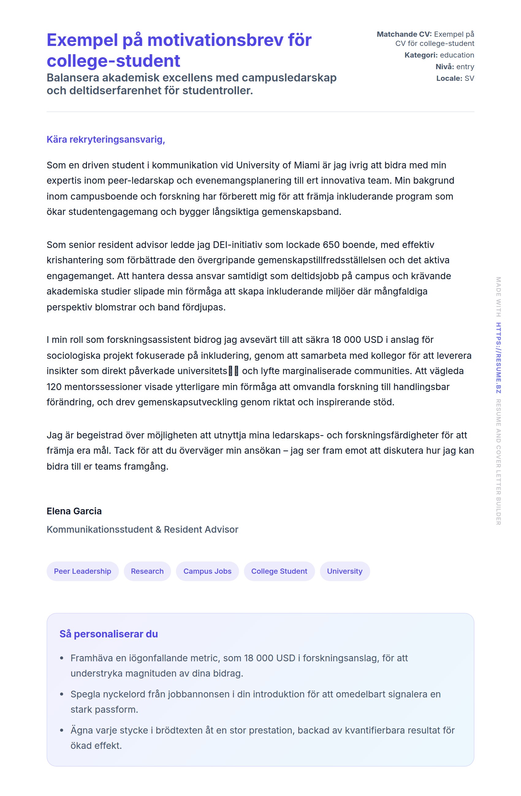 Förhandsgranskning av motivationsbrev för Exempel på motivationsbrev för college-student