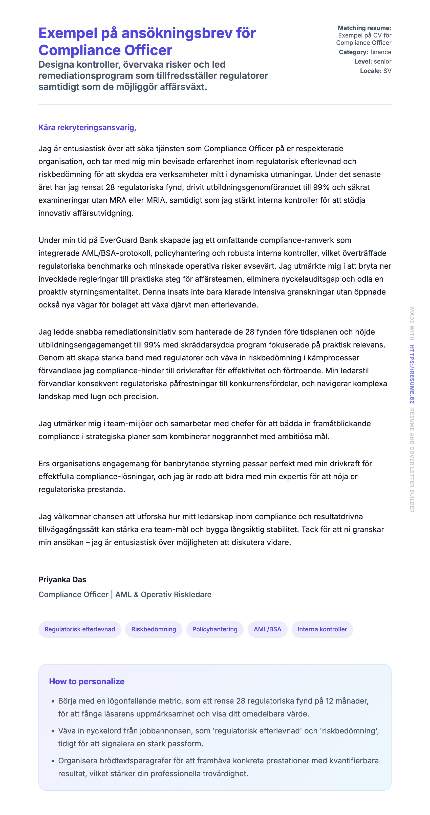Förhandsgranskning av motivationsbrev för Exempel på ansökningsbrev för Compliance Officer