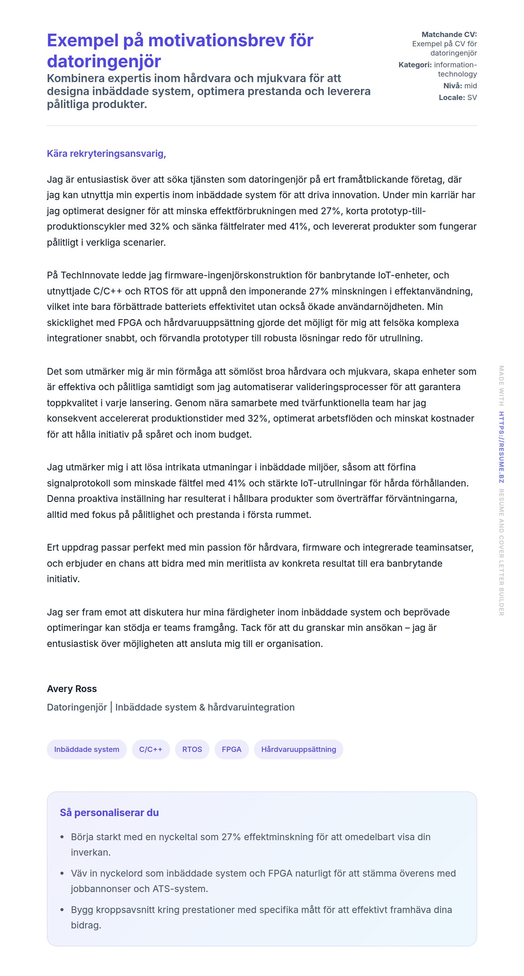 Förhandsgranskning av motivationsbrev för Exempel på motivationsbrev för datoringenjör